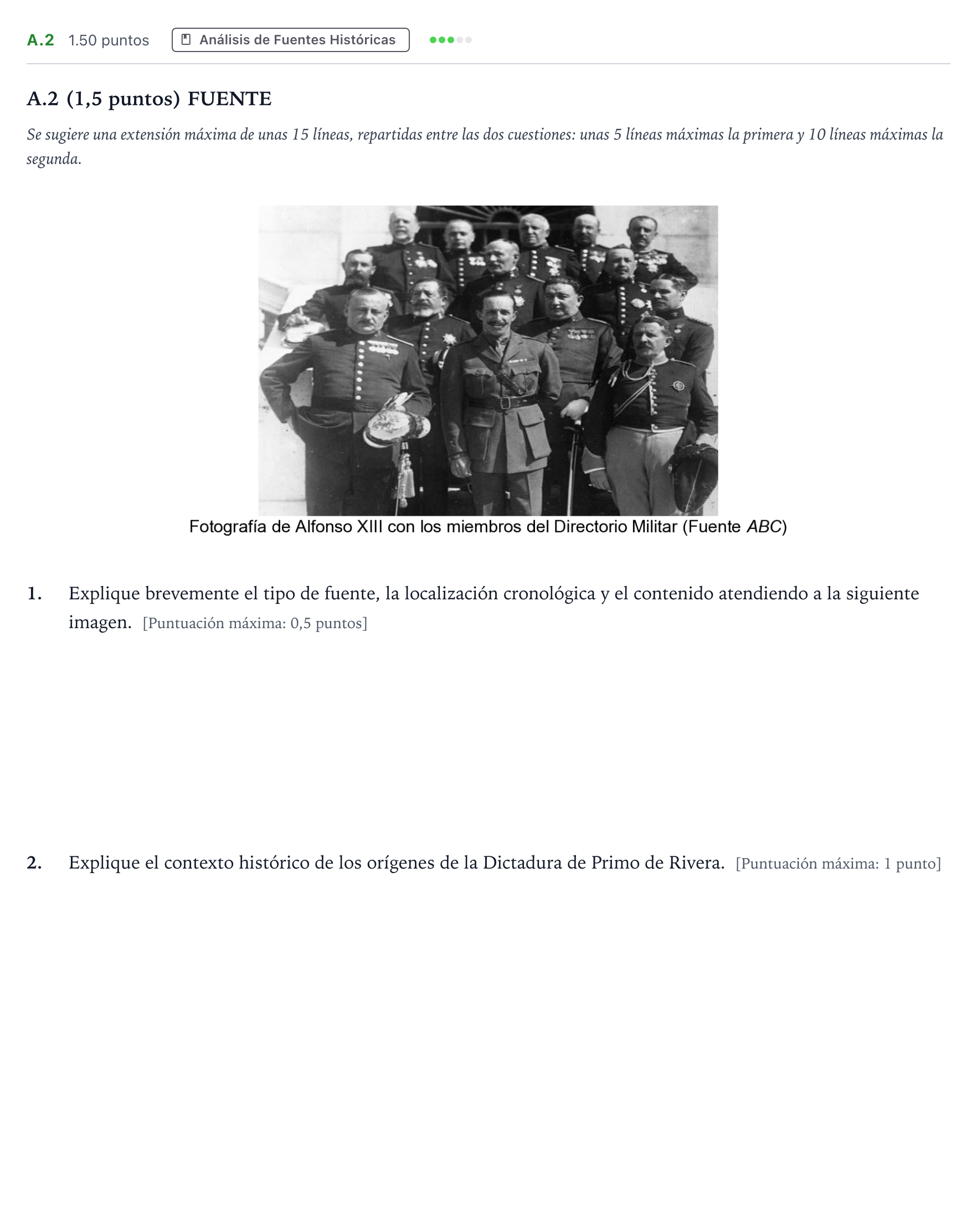 Enunciado: Ejercicio A.2 · Historia de España PAU Madrid Ordinaria Martes 2021