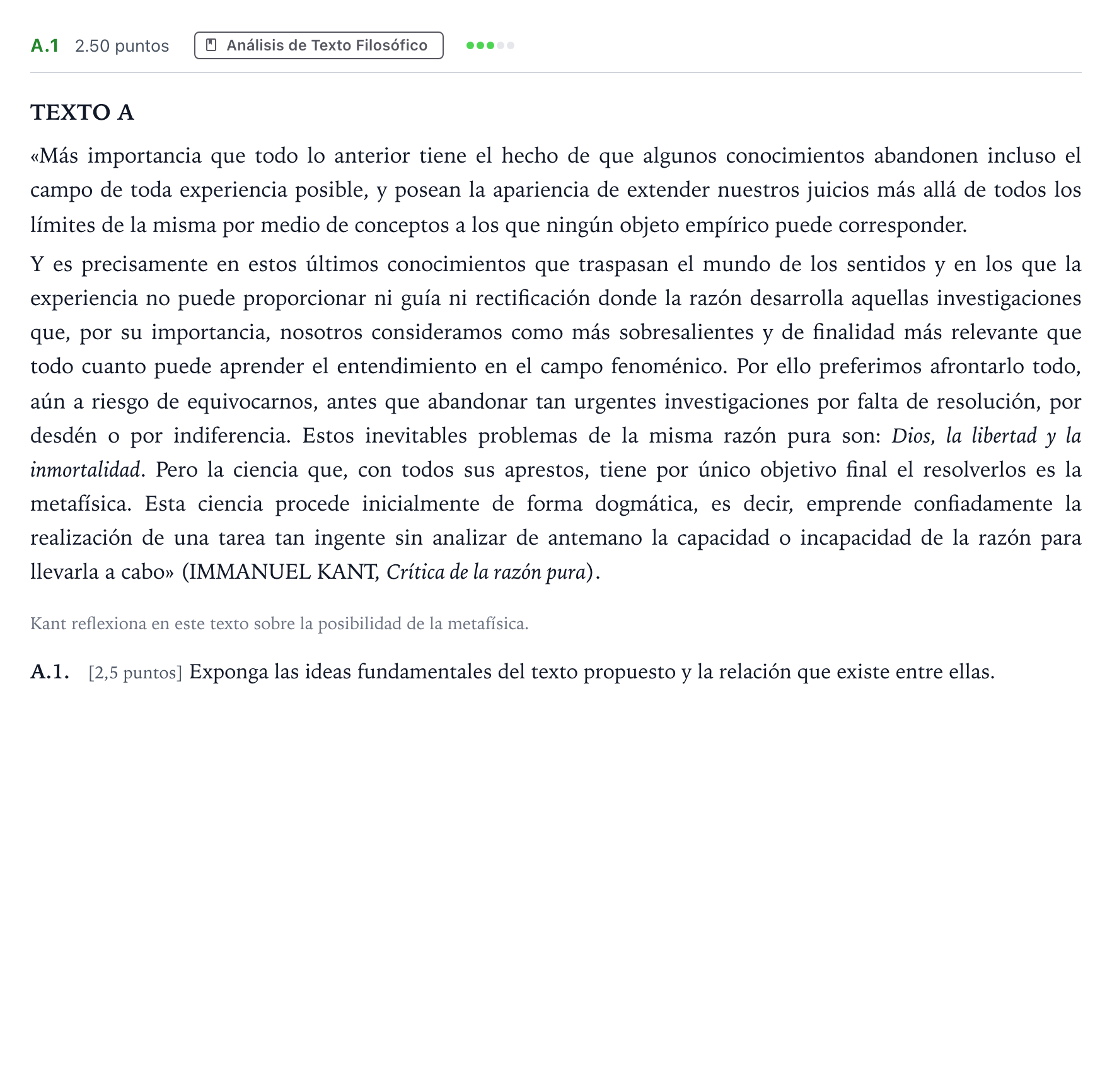 Enunciado: Ejercicio A.1 · Historia de la Filosofía PAU Madrid Modelo 2021