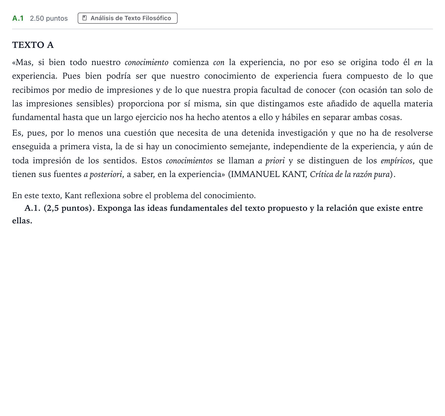 Enunciado: Ejercicio A.1 · Historia de la Filosofía PAU Madrid Ordinaria Coincidencias 2021