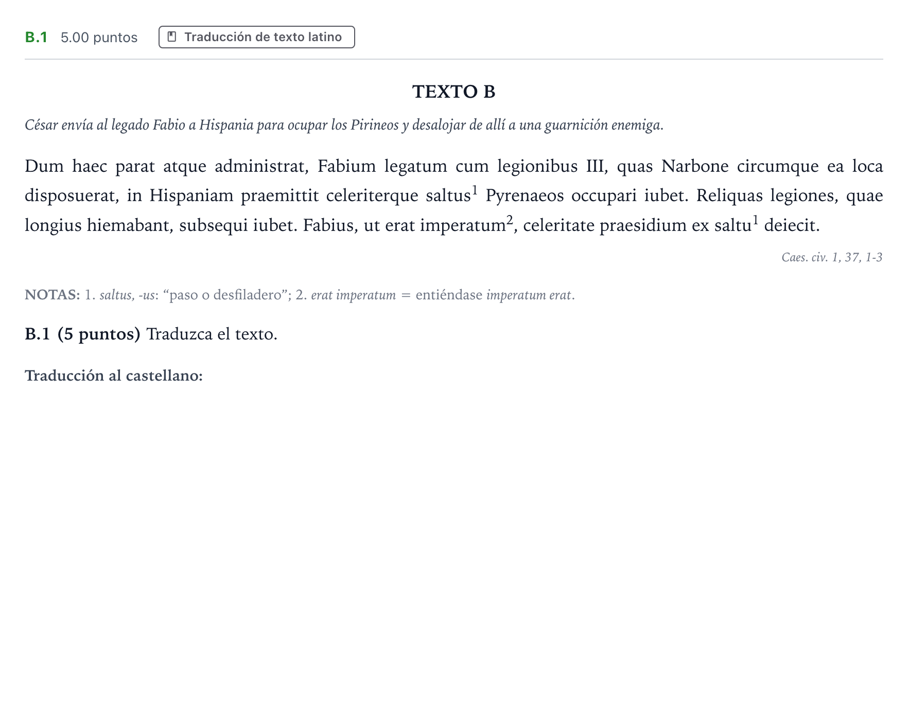 Enunciado: Ejercicio B.1 · Latín II PAU Madrid Ordinaria 2021