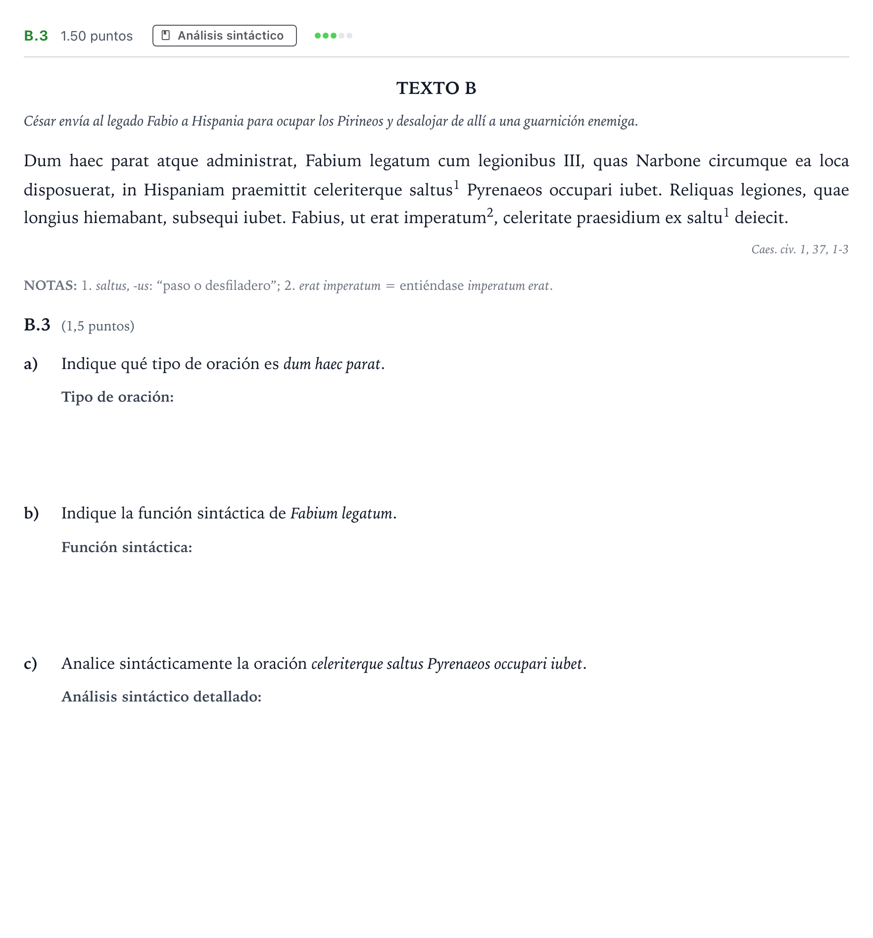 Enunciado: Ejercicio B.3 · Latín II PAU Madrid Ordinaria 2021