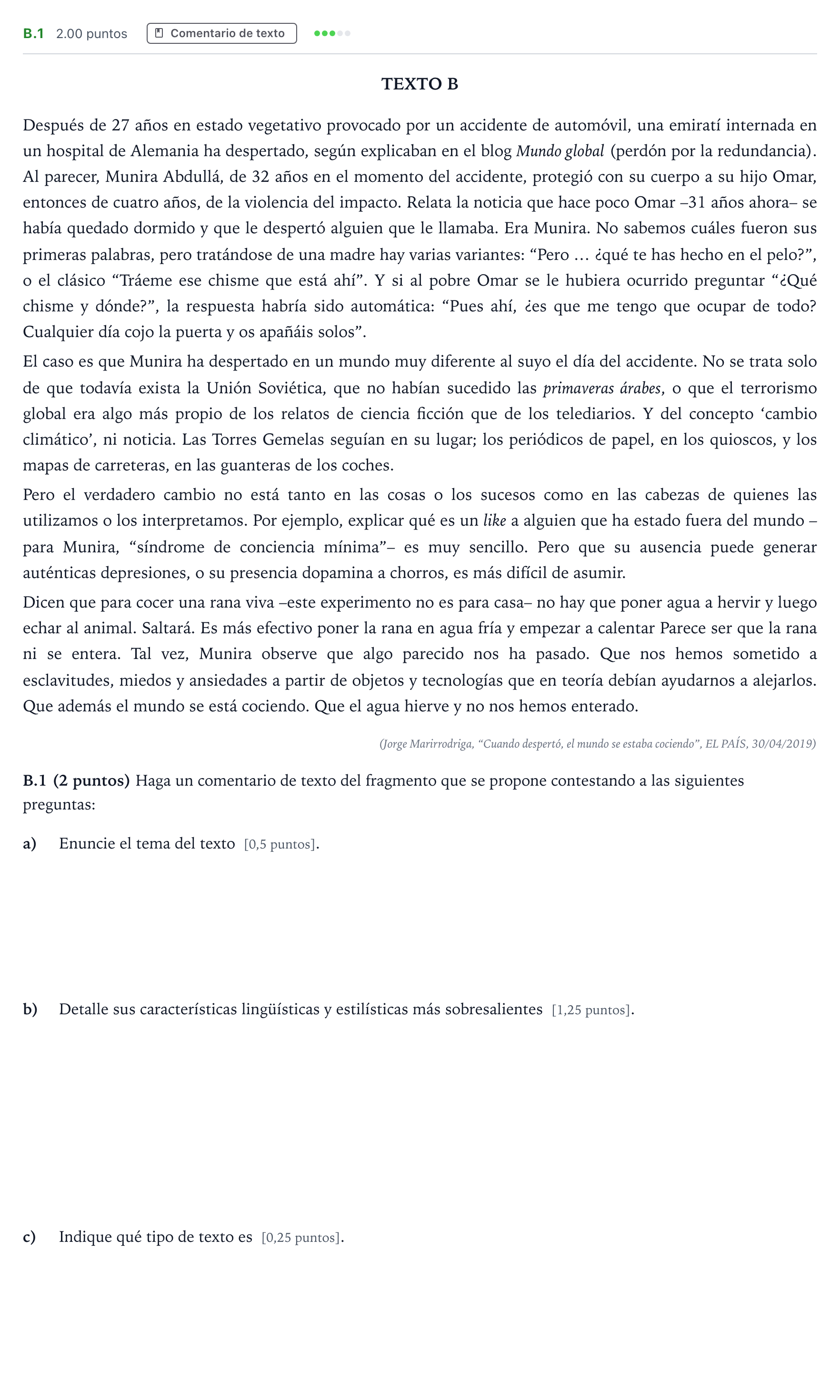 Enunciado: Ejercicio B.1 · Lengua Castellana y Literatura II PAU Madrid Modelo 2021