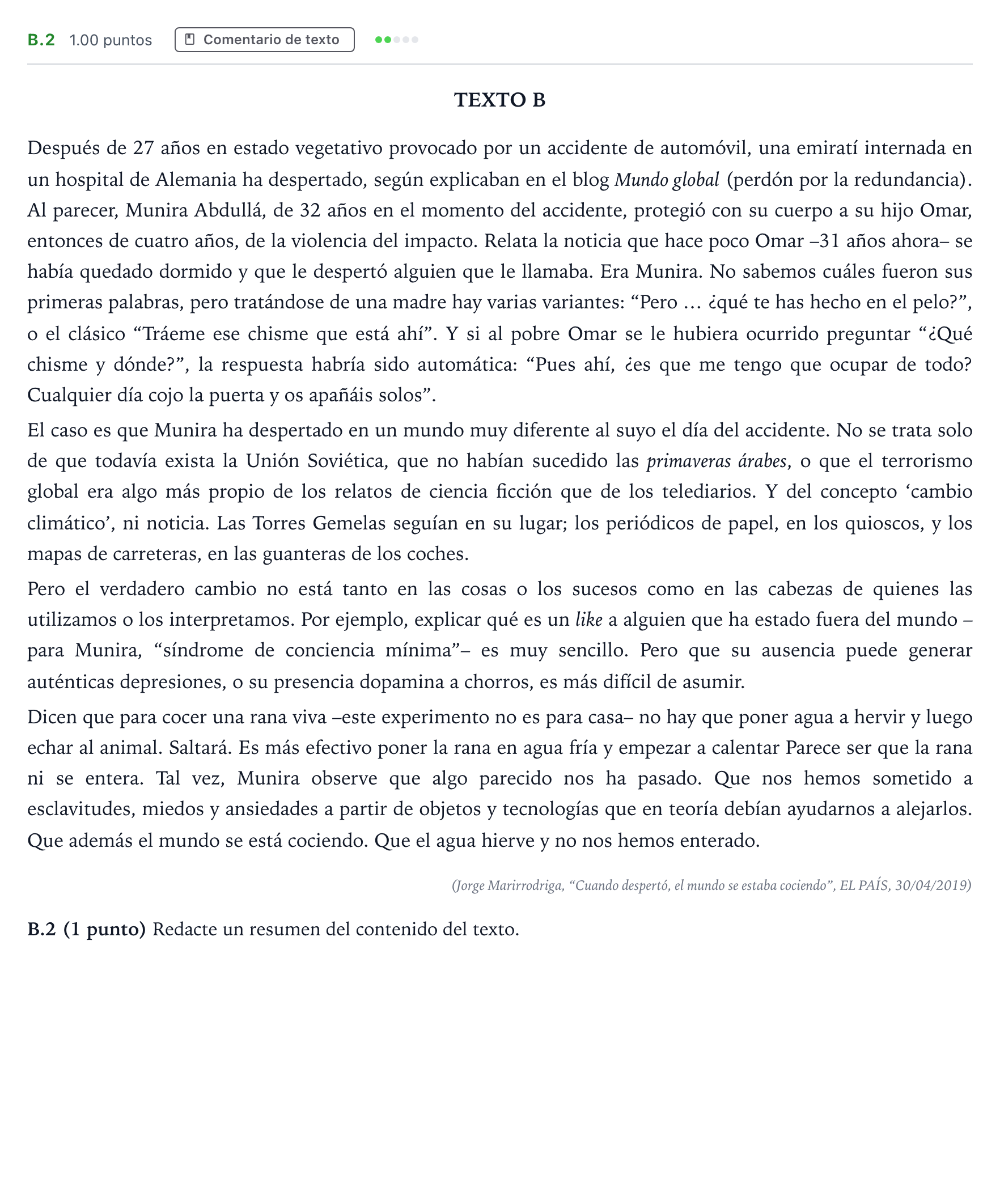 Enunciado: Ejercicio B.2 · Lengua Castellana y Literatura II PAU Madrid Modelo 2021