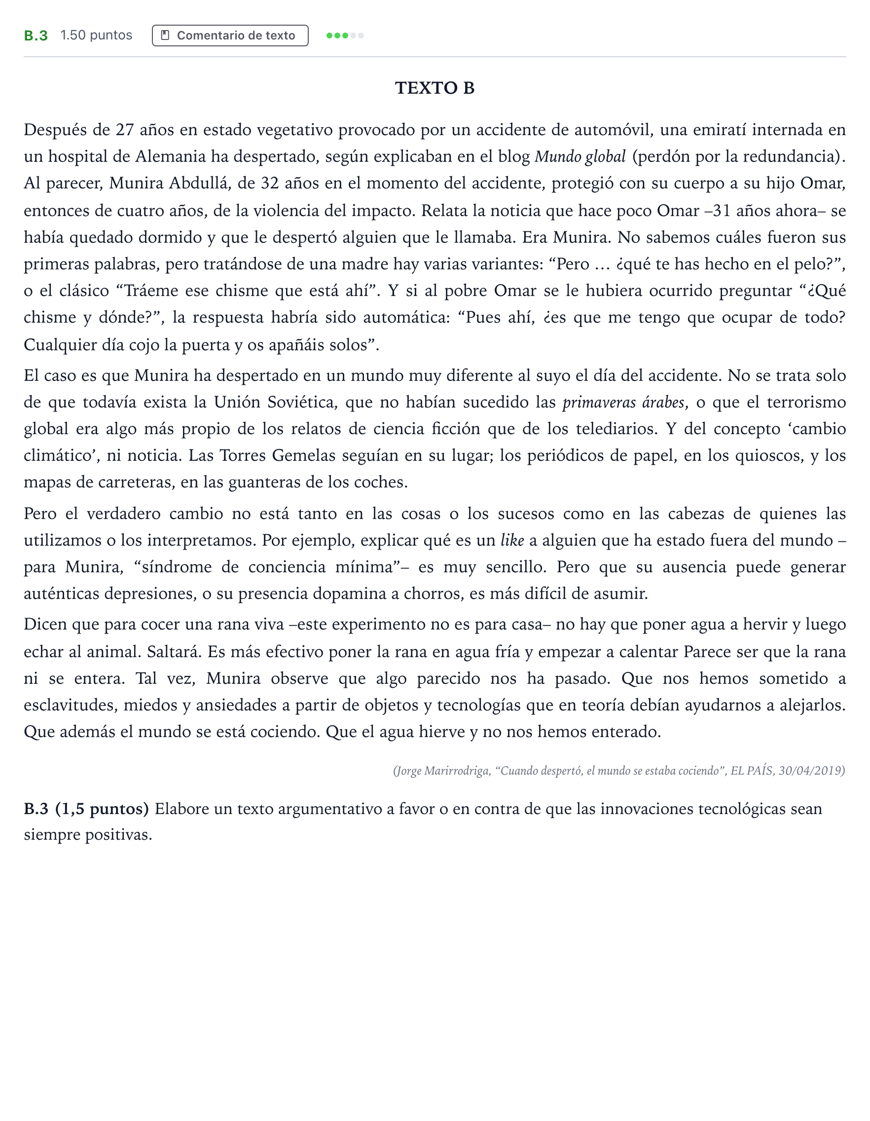 Enunciado: Ejercicio B.3 · Lengua Castellana y Literatura II PAU Madrid Modelo 2021