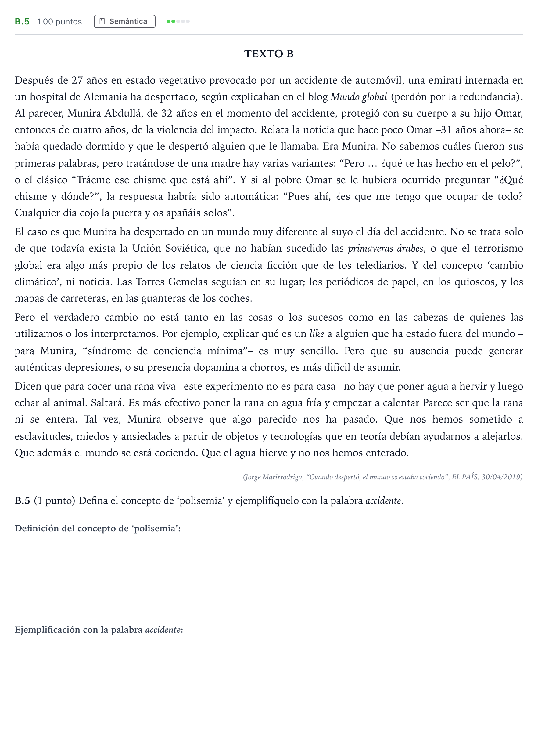 Enunciado: Ejercicio B.5 · Lengua Castellana y Literatura II PAU Madrid Modelo 2021