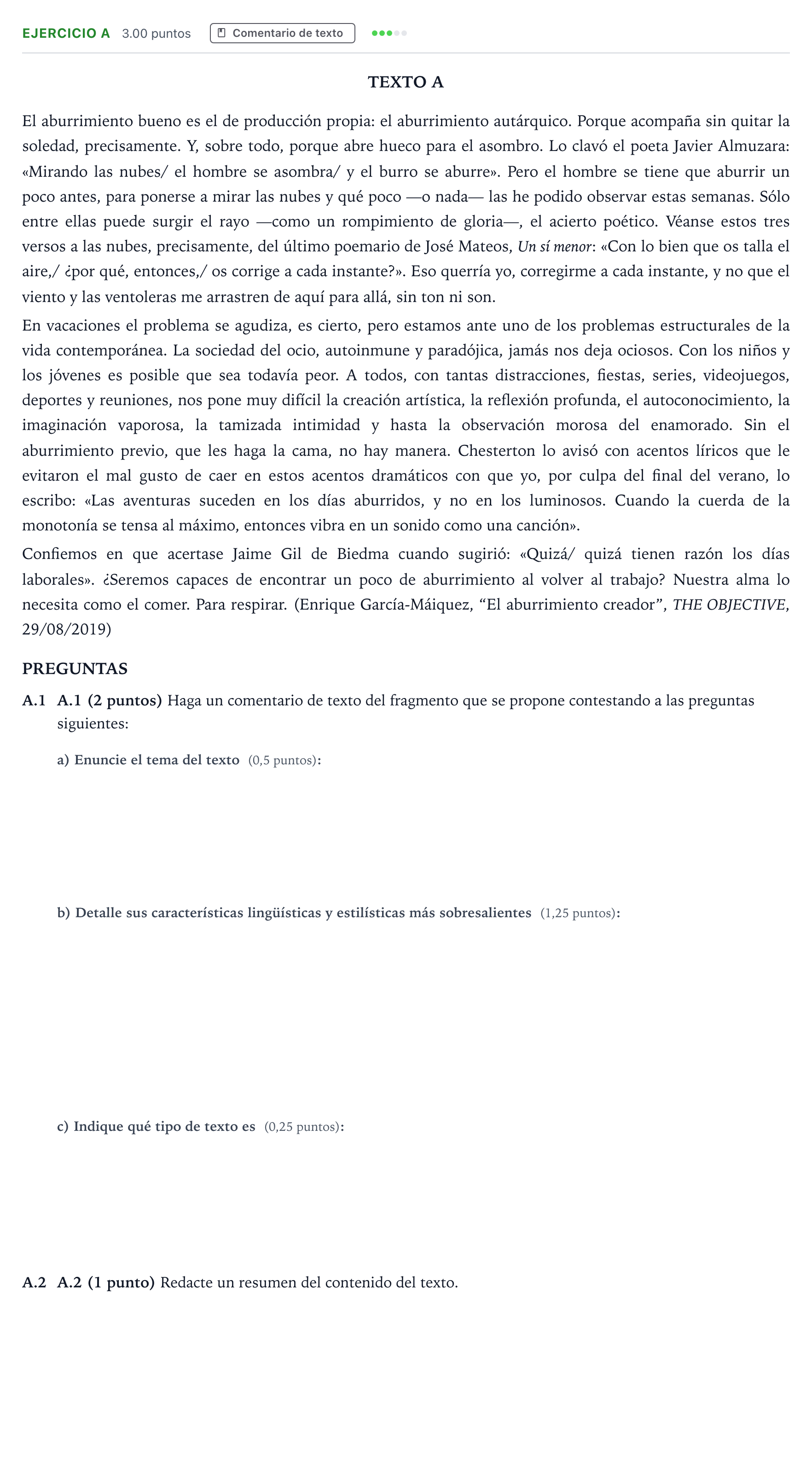 Enunciado: Ejercicio A · Lengua Castellana y Literatura II PAU Madrid Ordinaria Lunes 2021