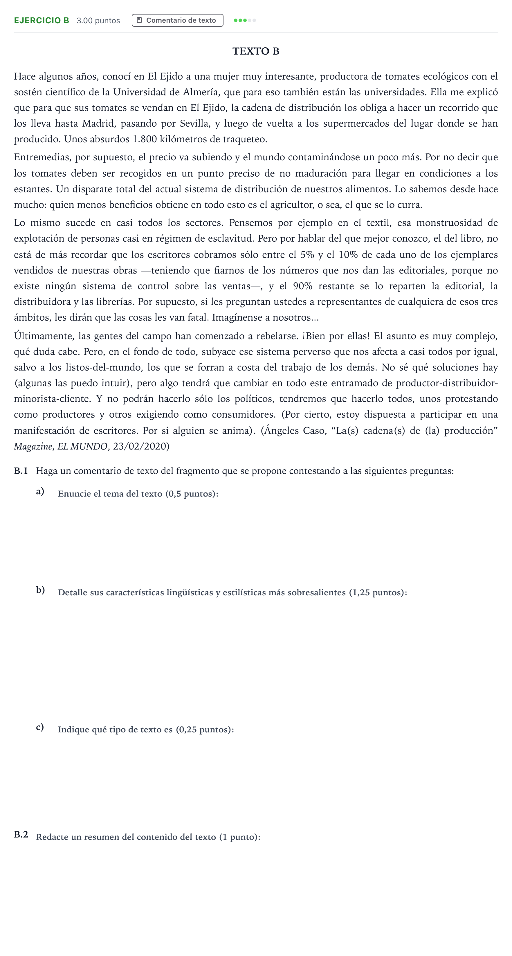 Enunciado: Ejercicio B · Lengua Castellana y Literatura II PAU Madrid Ordinaria Lunes 2021