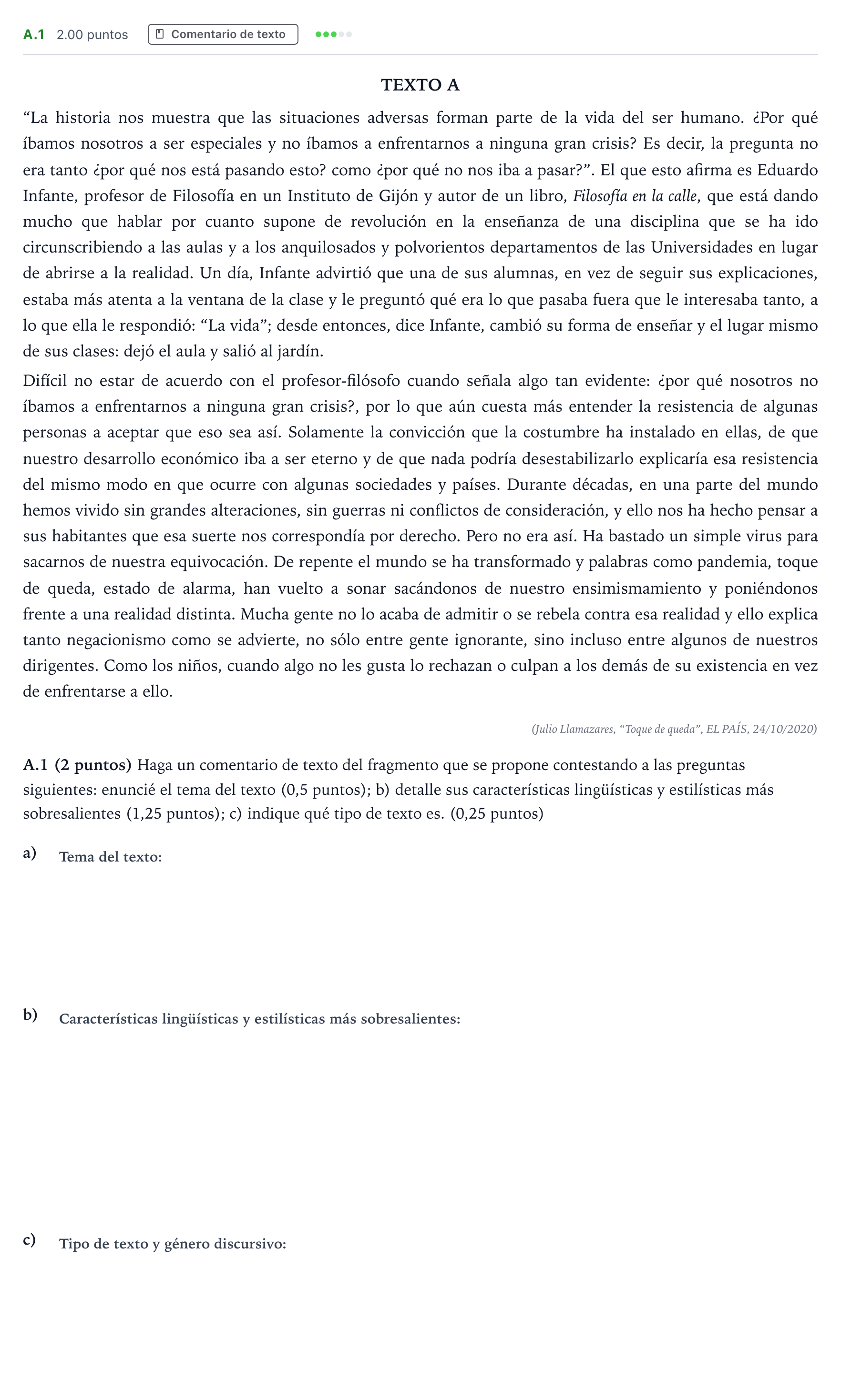 Enunciado: Ejercicio A.1 · Lengua Castellana y Literatura II PAU Madrid Ordinaria Martes 2021