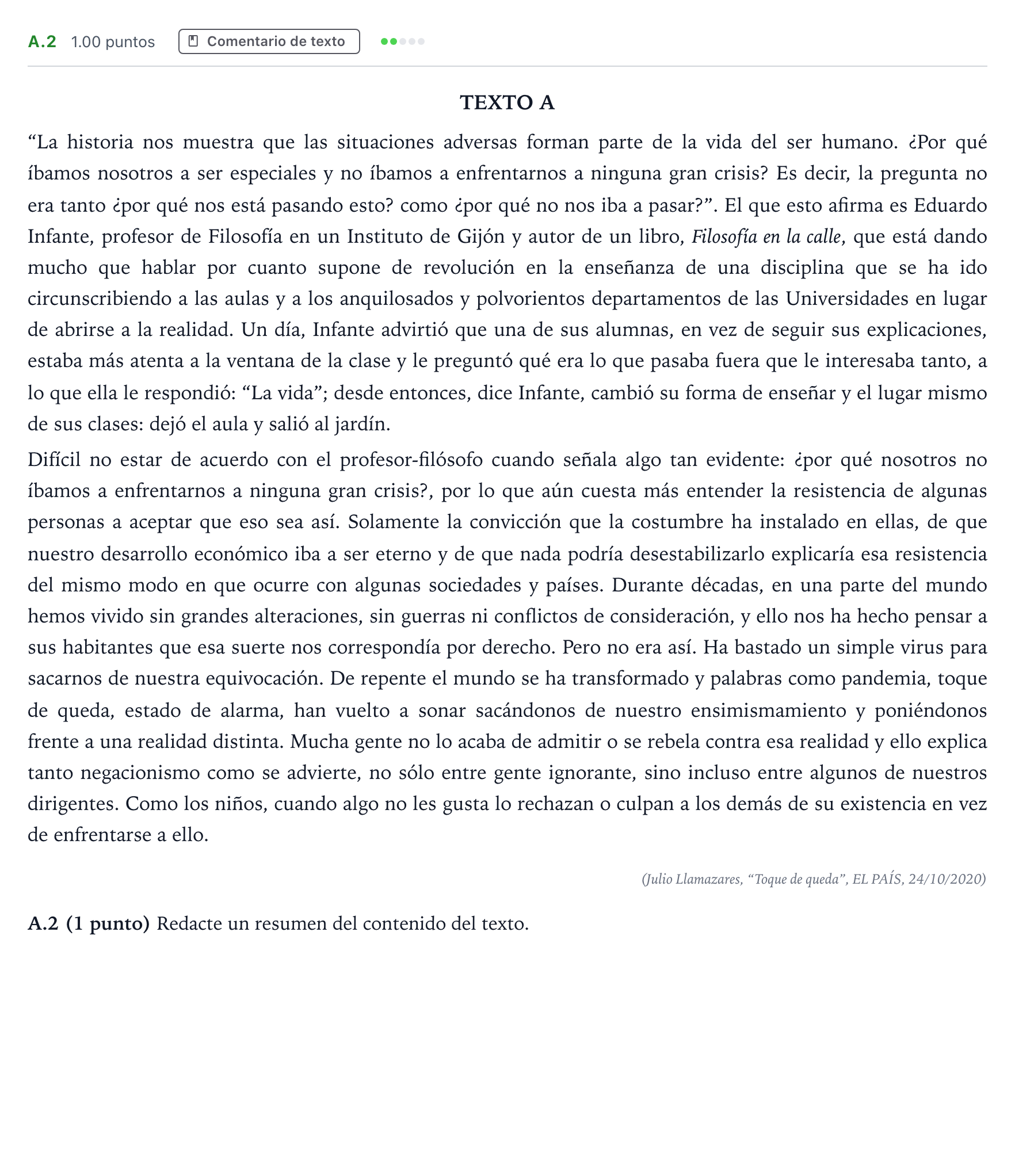 Enunciado: Ejercicio A.2 · Lengua Castellana y Literatura II PAU Madrid Ordinaria Martes 2021