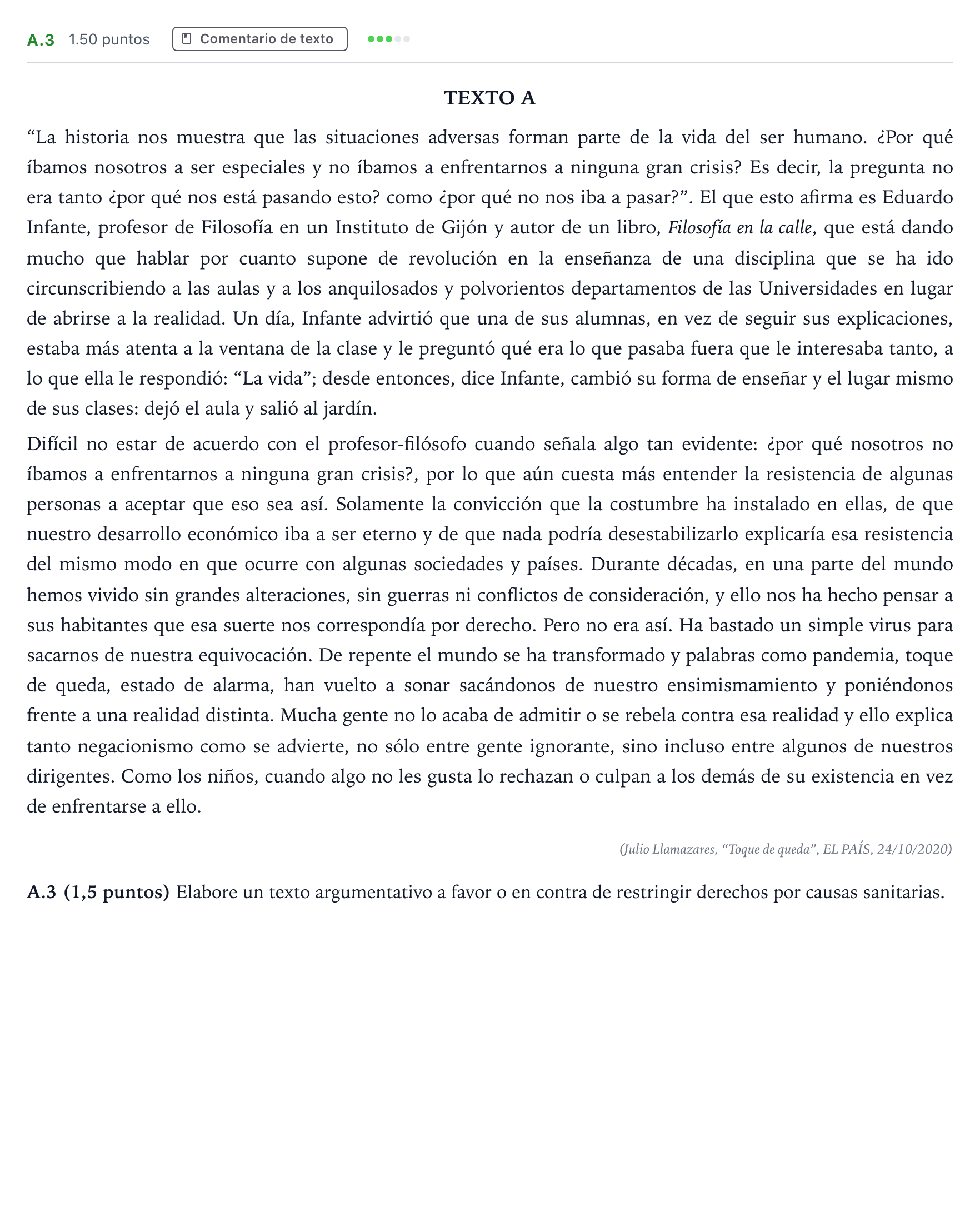 Enunciado: Ejercicio A.3 · Lengua Castellana y Literatura II PAU Madrid Ordinaria Martes 2021