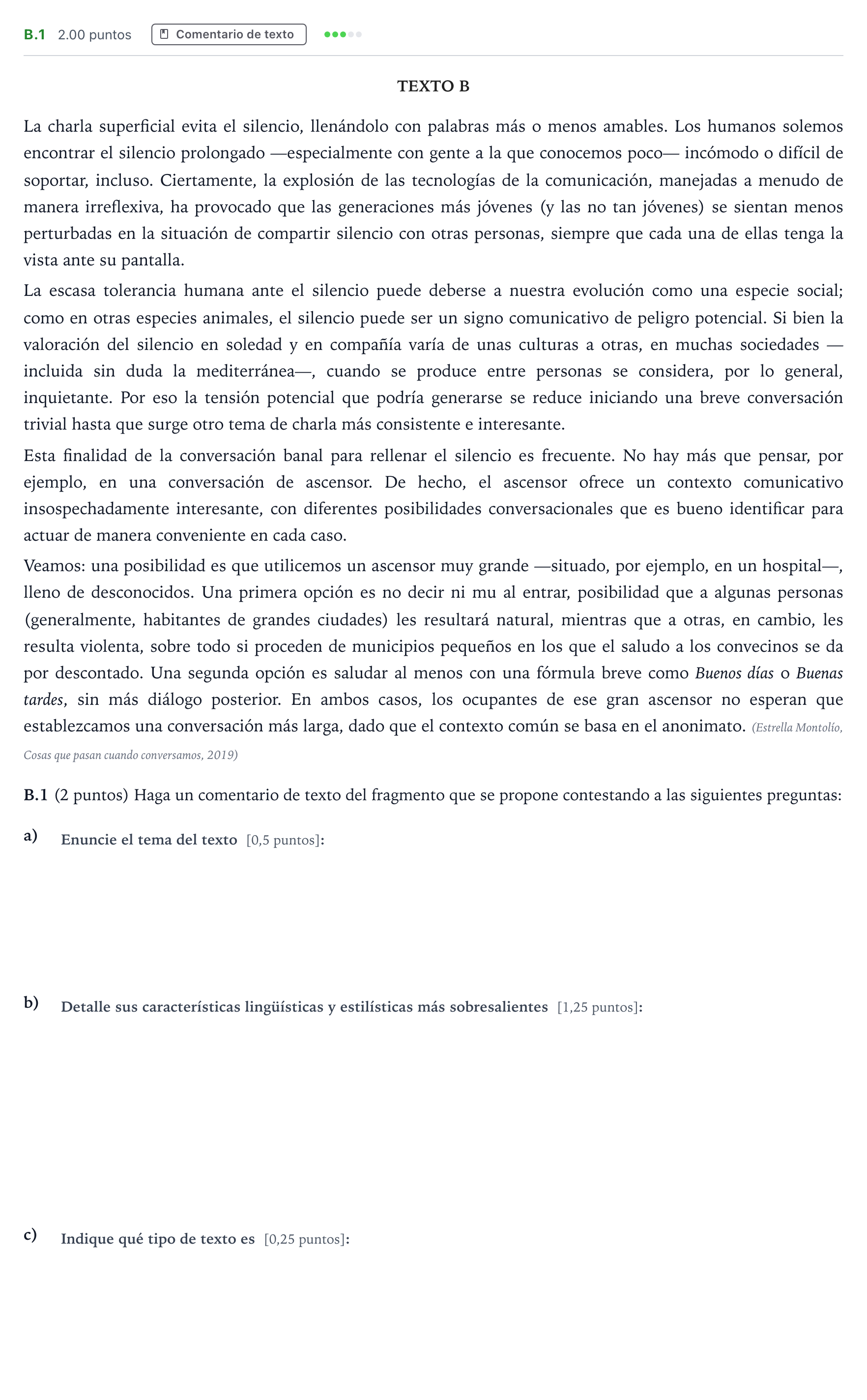 Enunciado: Ejercicio B.1 · Lengua Castellana y Literatura II PAU Madrid Ordinaria Martes 2021