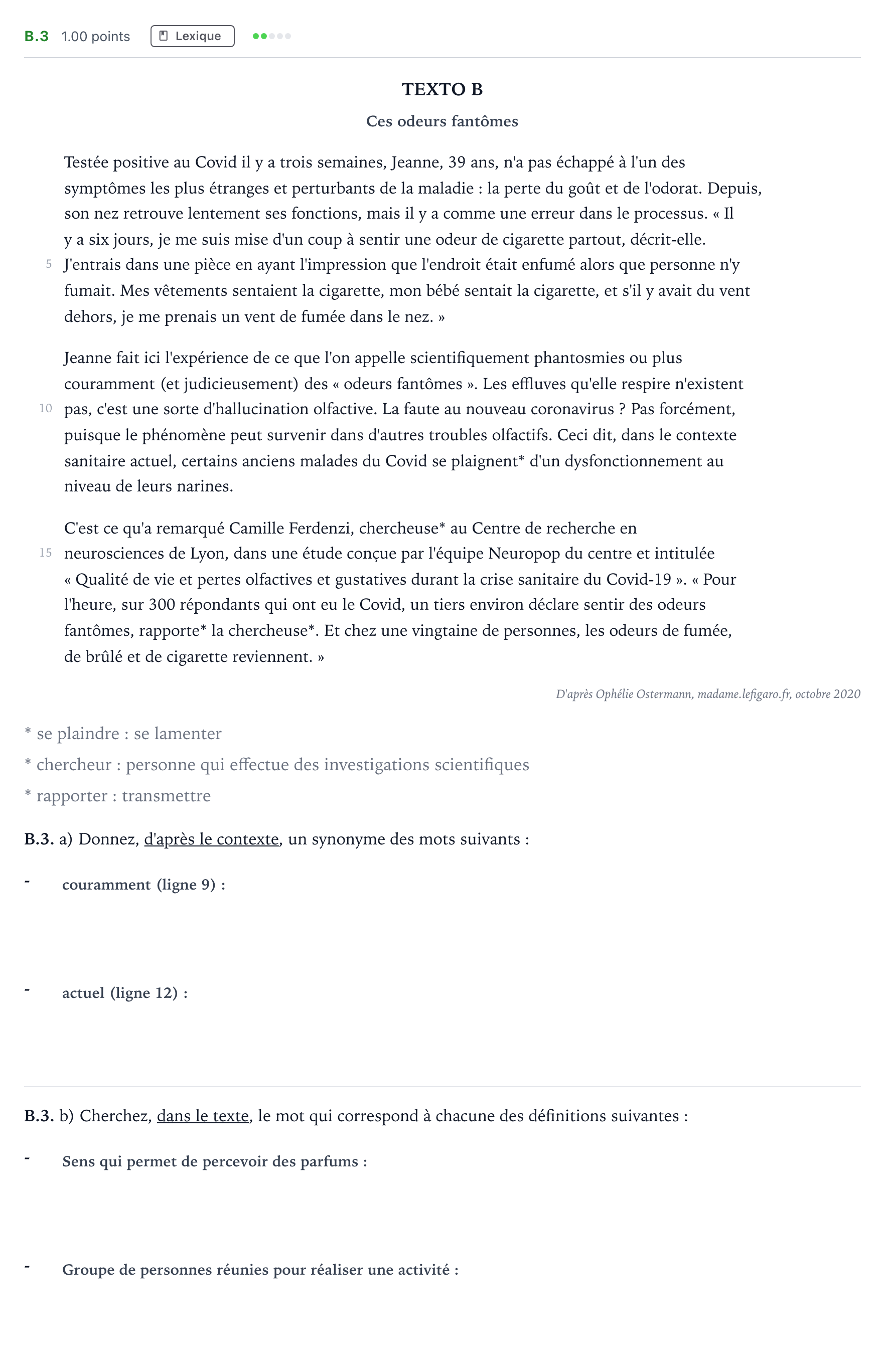 Enunciado: Ejercicio B.3 · Francés PAU Madrid Extraordinaria (2ª lengua) 2021