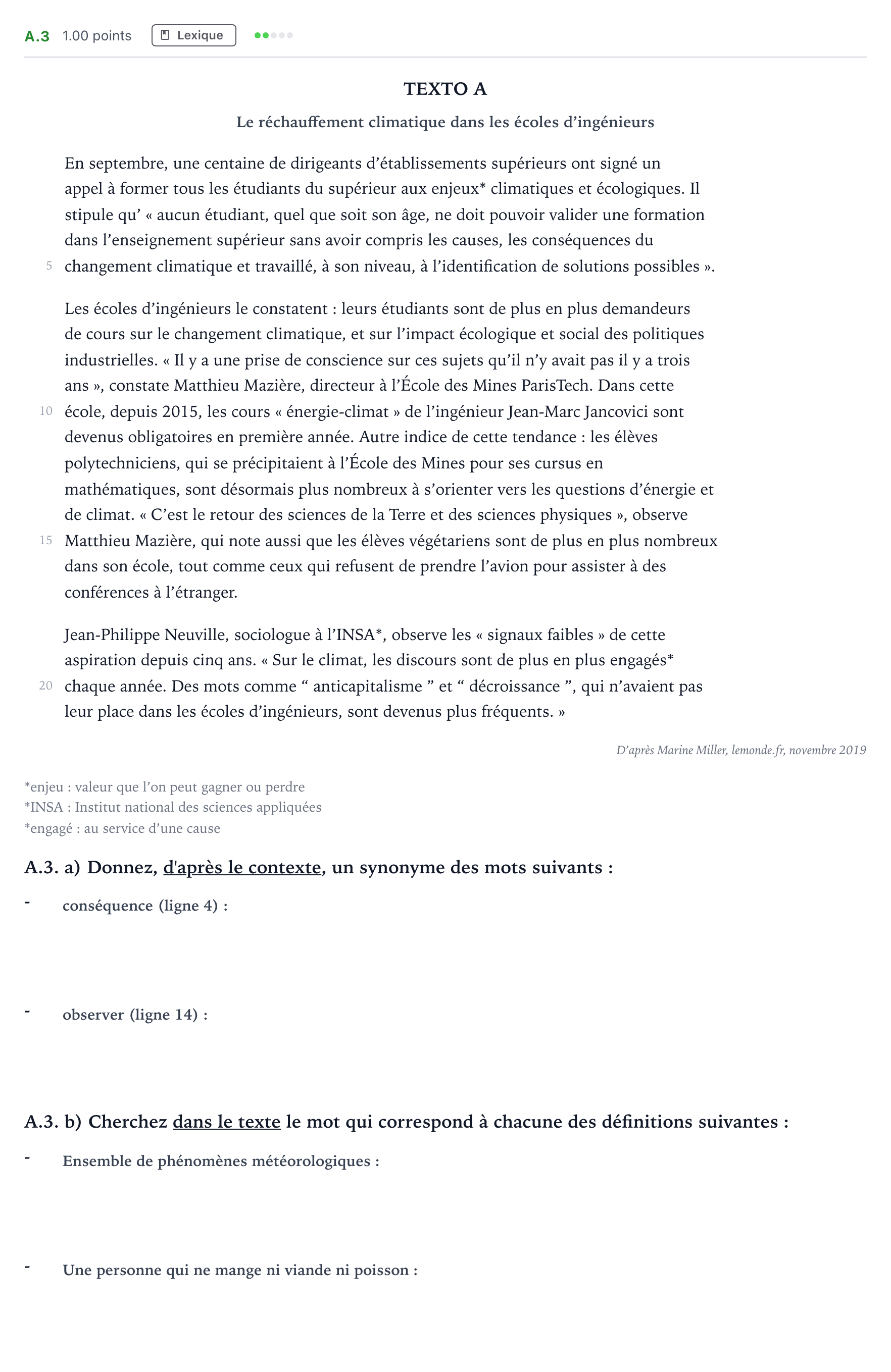 Enunciado: Ejercicio A.3 · Francés PAU Madrid Modelo 2021