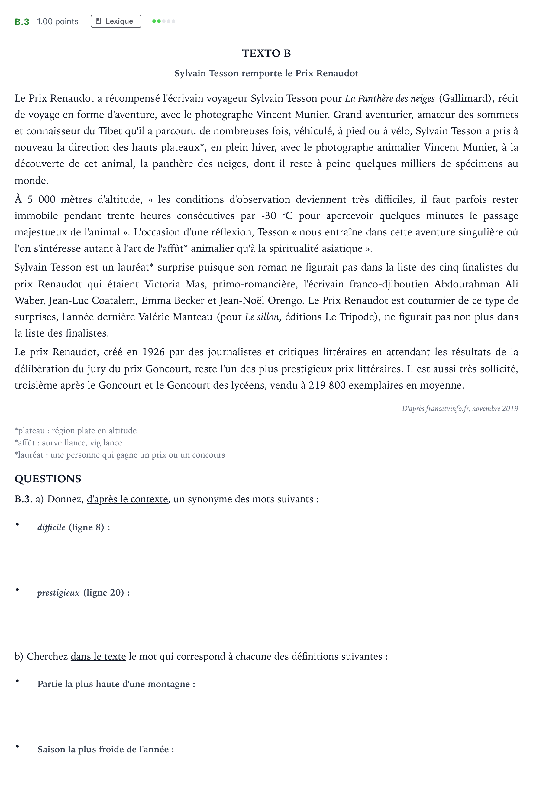 Enunciado: Ejercicio B.3 · Francés PAU Madrid Modelo 2021