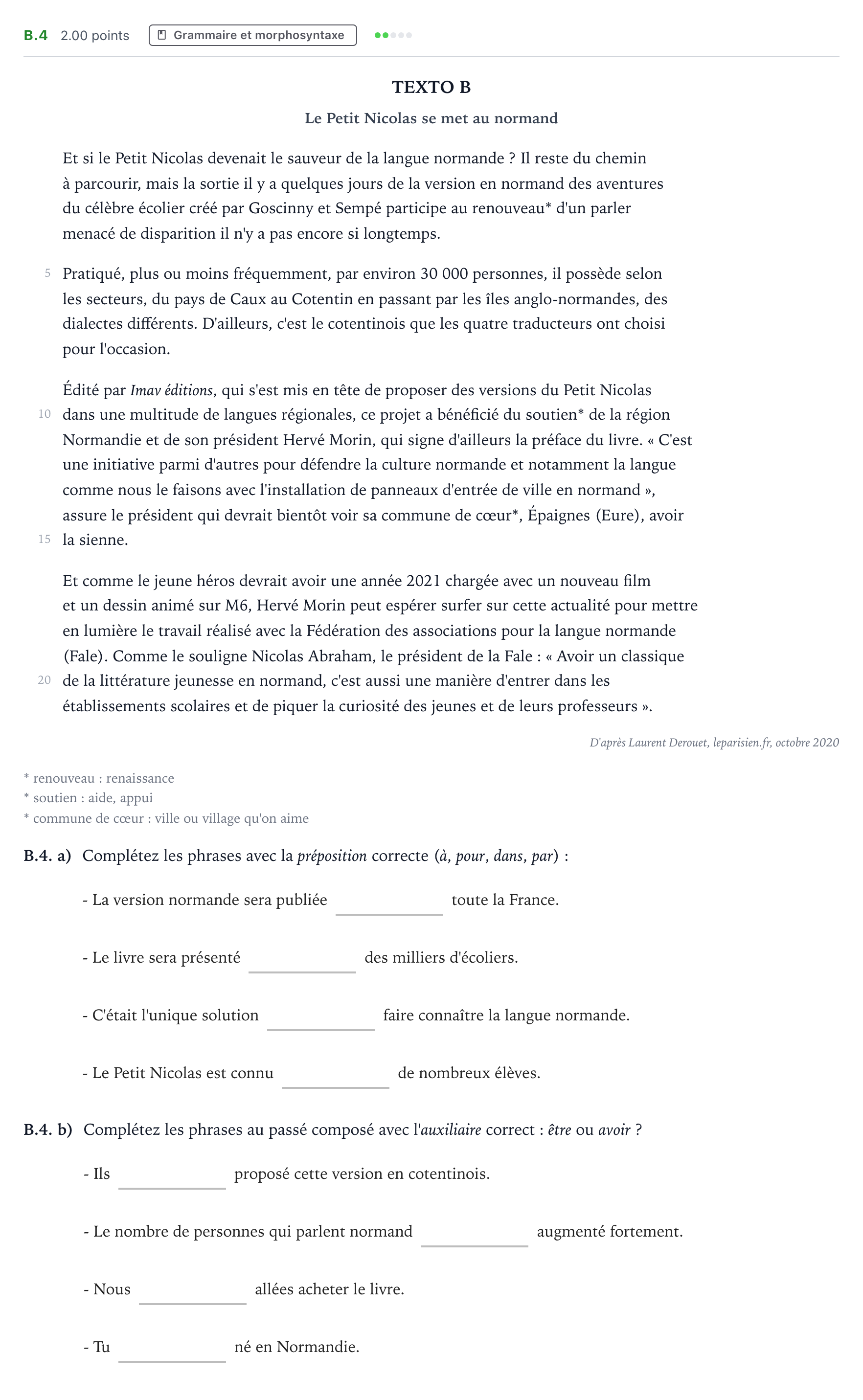 Enunciado: Ejercicio B.4 · Francés PAU Madrid Ordinaria Coincidencias 2021