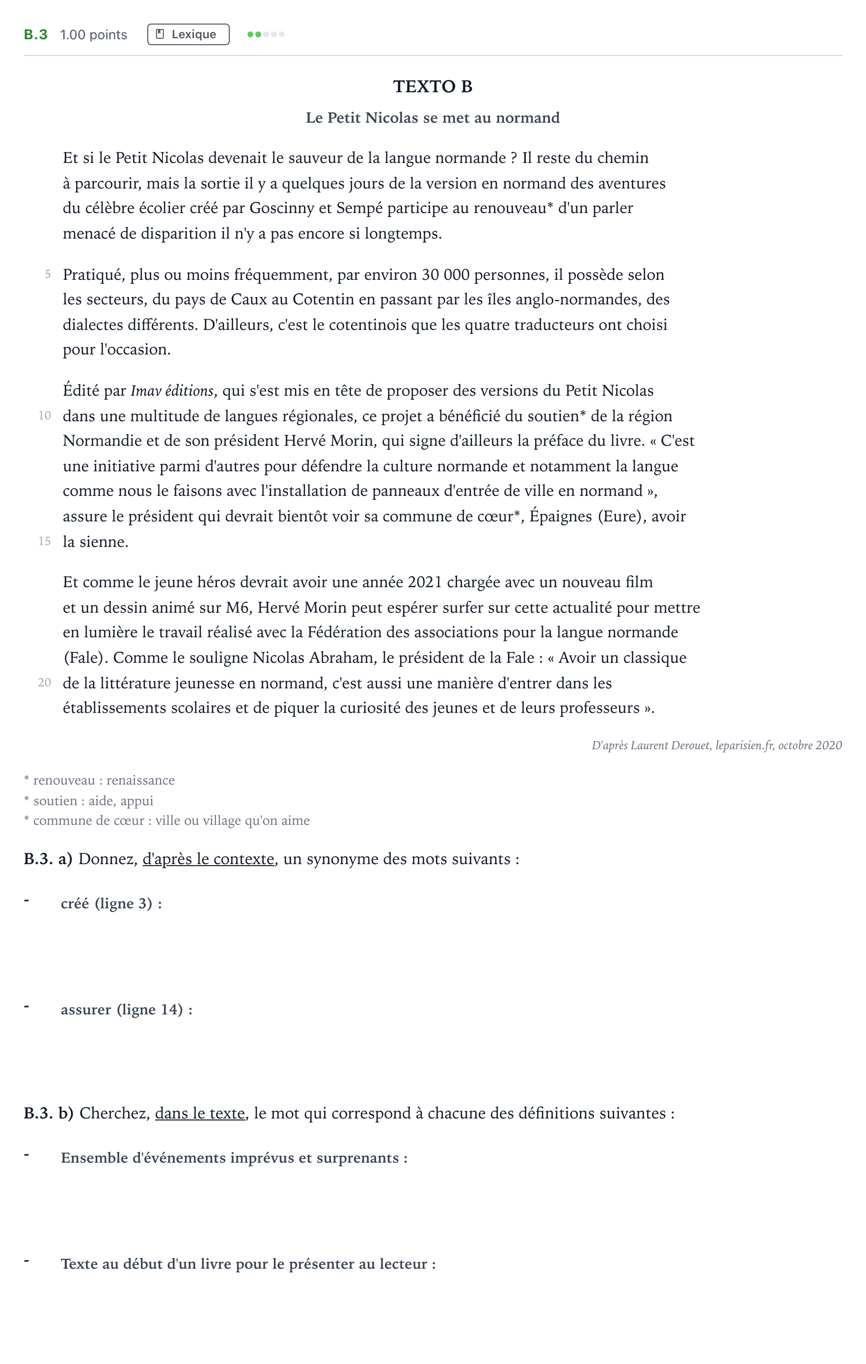 Enunciado: Ejercicio B.3 · Francés PAU Madrid Ordinaria Coincidencias 2021