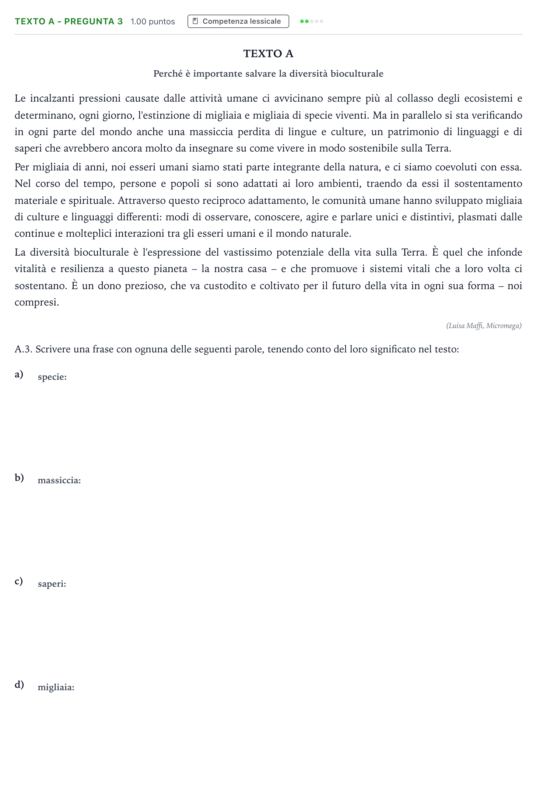 Enunciado: Ejercicio Texto A - Pregunta 3 · Italiano PAU Madrid Extraordinaria (2ª lengua) 2021