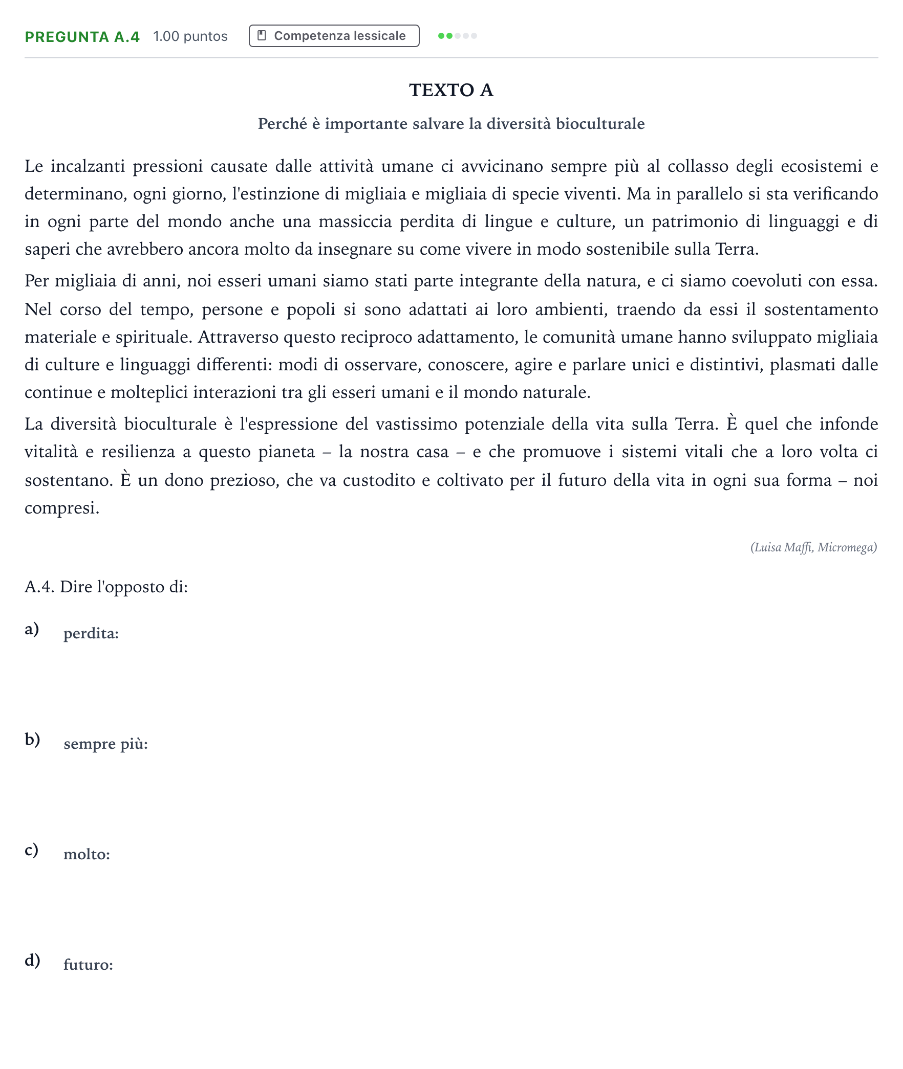 Enunciado: Pregunta A.4 · Italiano PAU Madrid Extraordinaria (2ª lengua) 2021