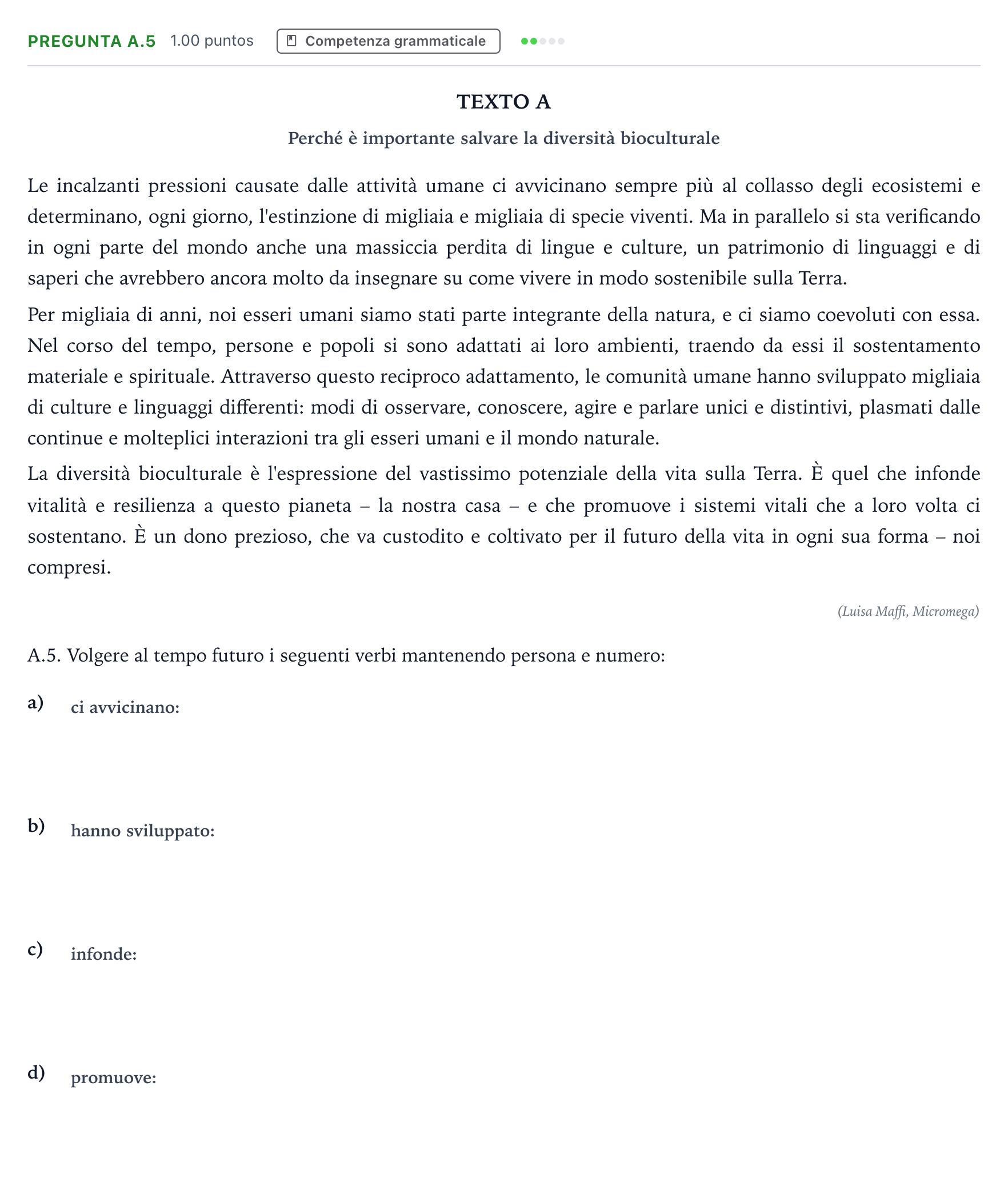 Enunciado: Pregunta A.5 · Italiano PAU Madrid Extraordinaria (2ª lengua) 2021