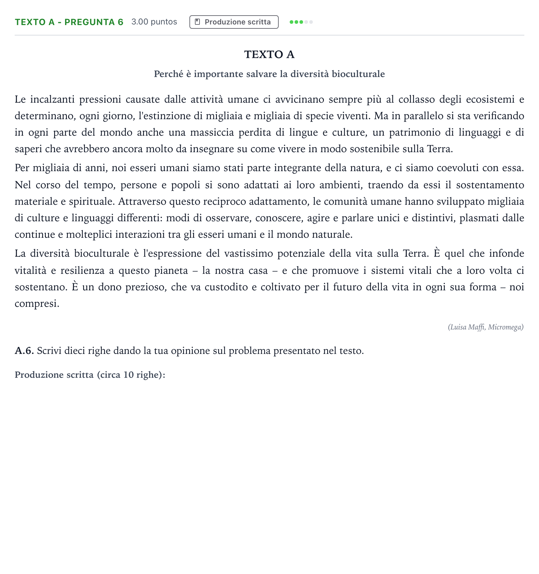Enunciado: Ejercicio Texto A - Pregunta 6 · Italiano PAU Madrid Extraordinaria (2ª lengua) 2021