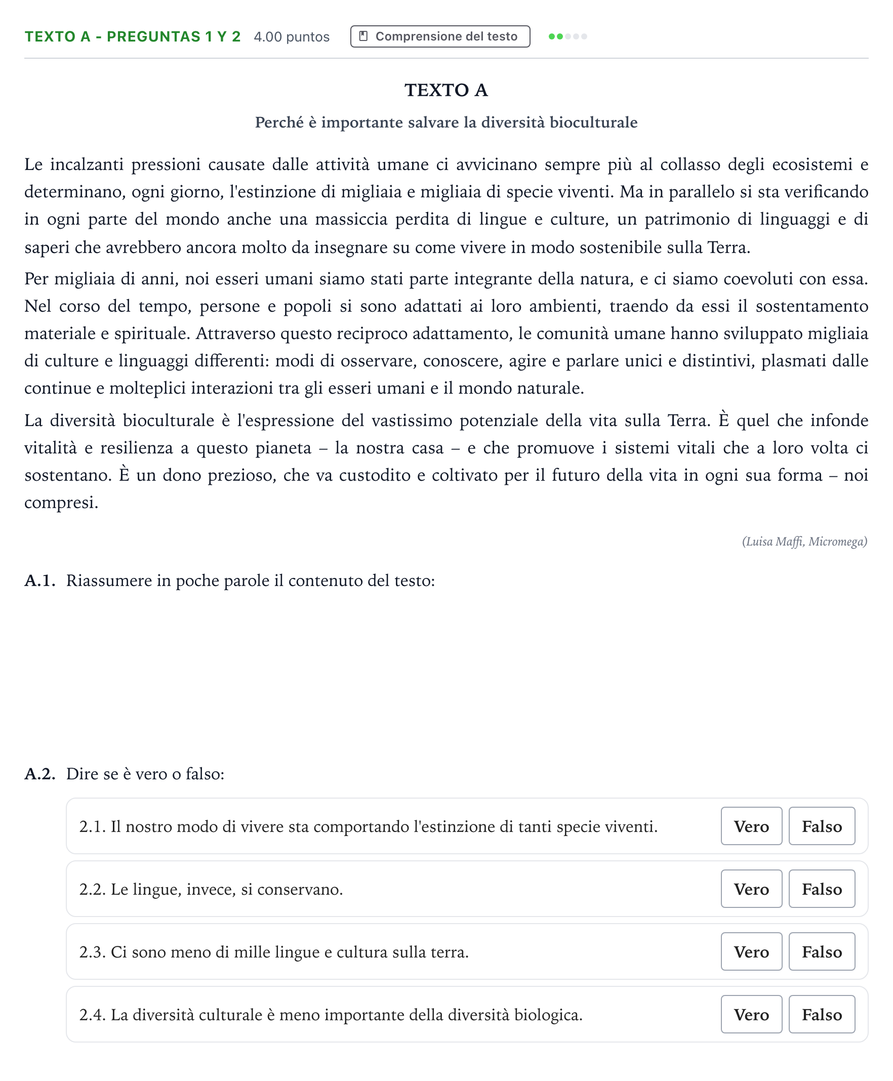 Enunciado: Ejercicio Texto A - Preguntas 1 y 2 · Italiano PAU Madrid Extraordinaria (2ª lengua) 2021