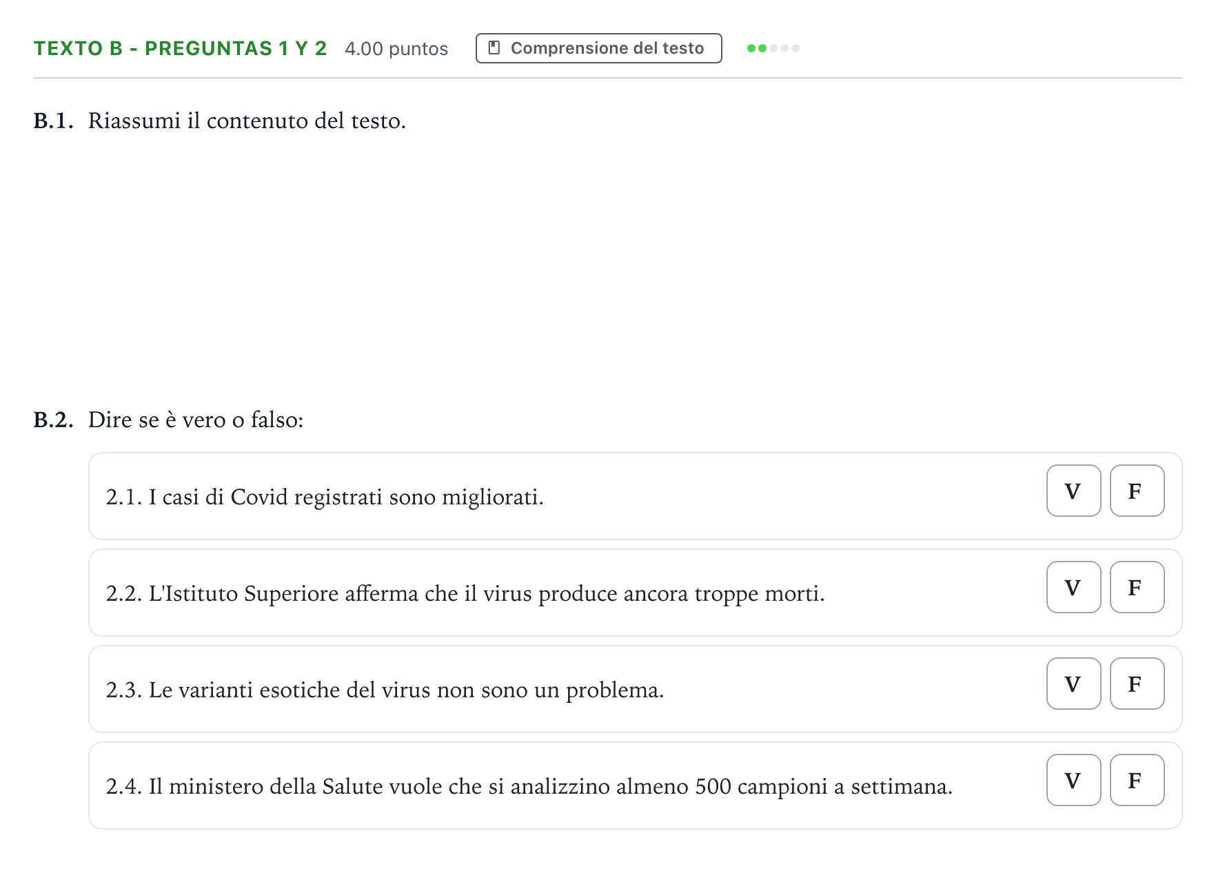 Enunciado: Ejercicio Texto B - Preguntas 1 y 2 · Italiano PAU Madrid Extraordinaria (2ª lengua) 2021