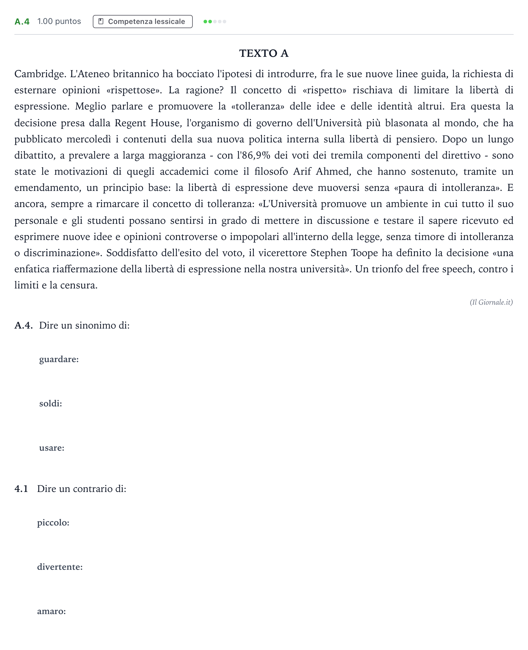 Enunciado: Ejercicio A.4 · Italiano PAU Madrid Extraordinaria Coincidencias 2021