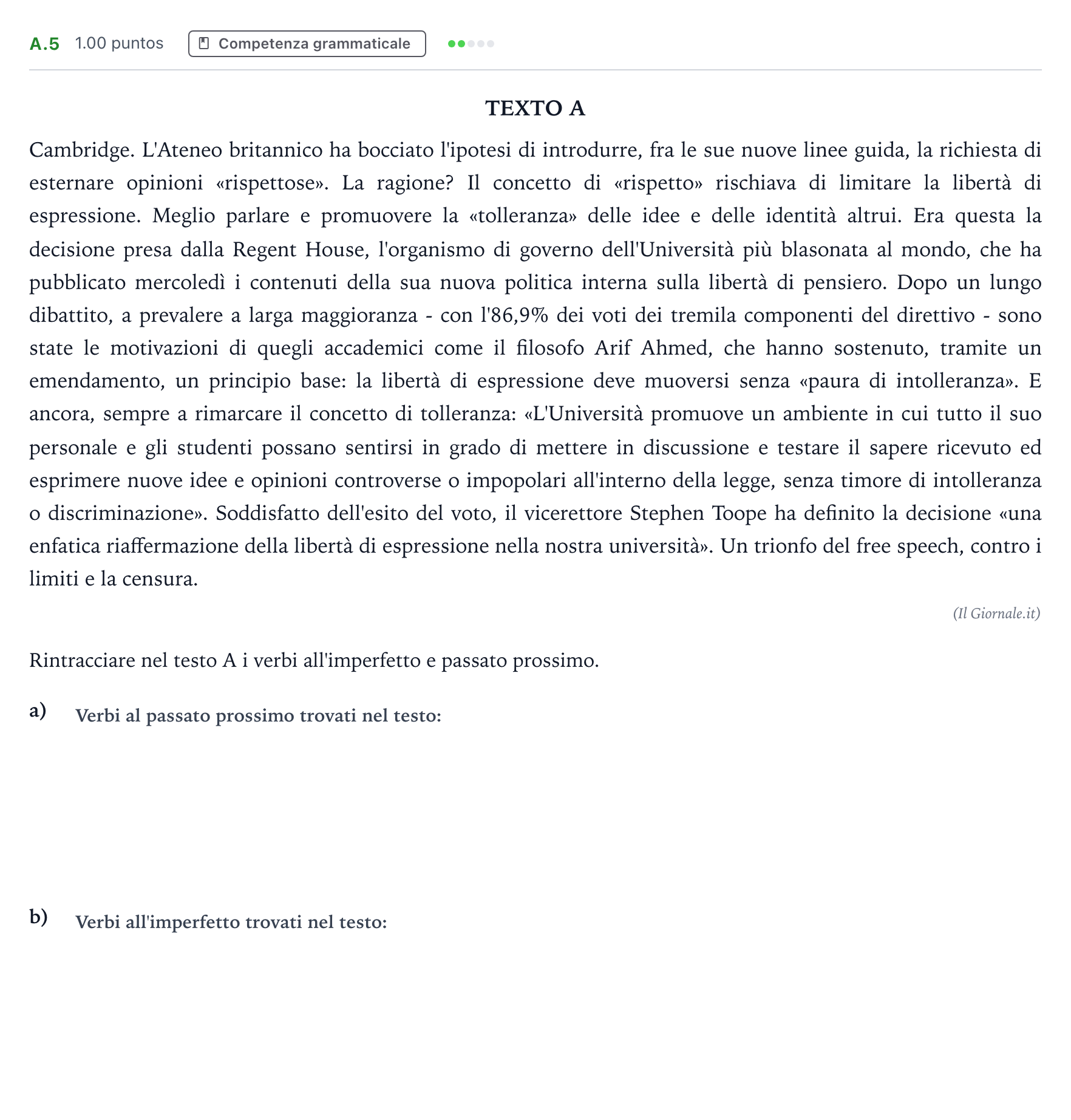 Enunciado: Ejercicio A.5 · Italiano PAU Madrid Extraordinaria Coincidencias 2021