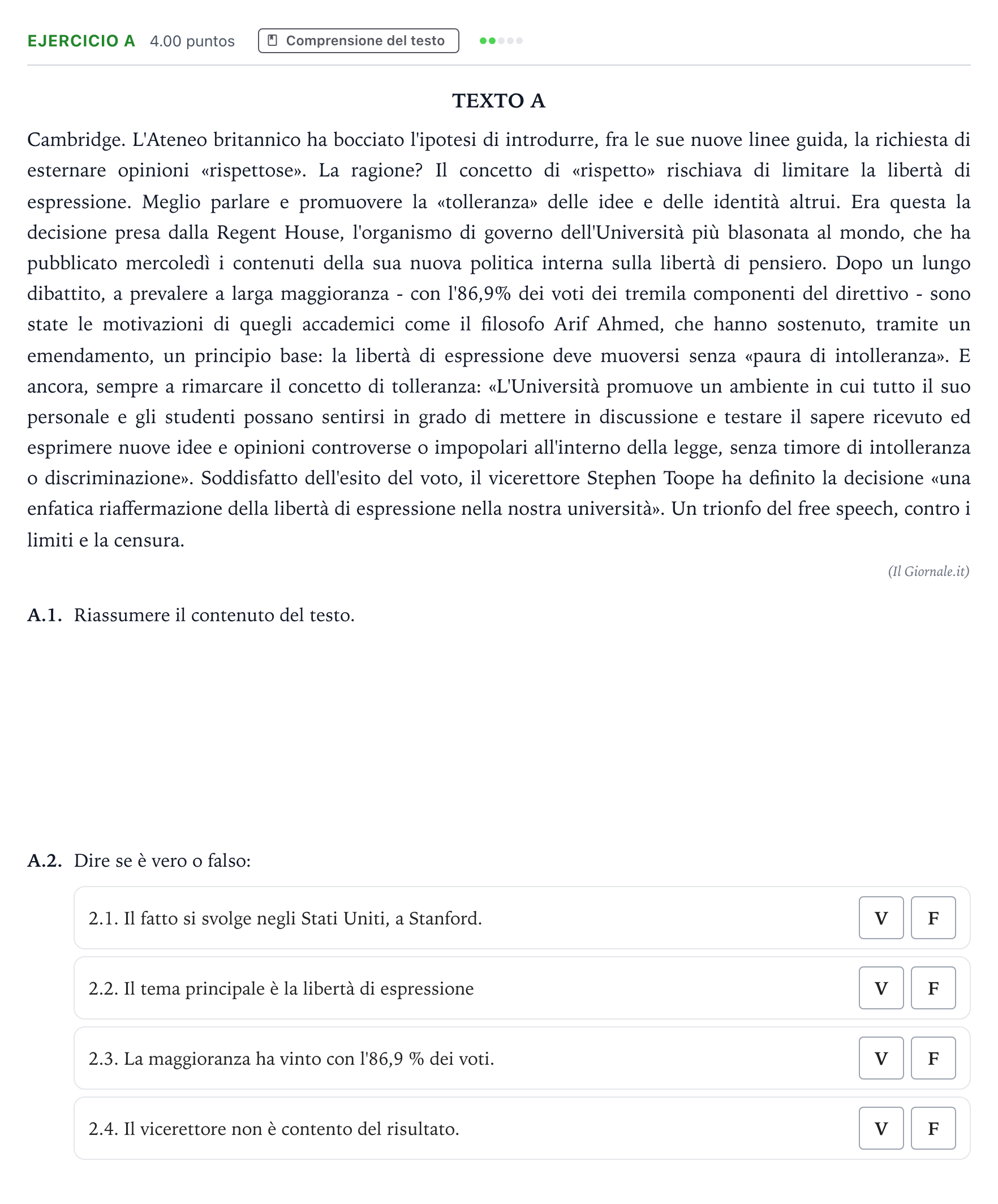 Enunciado: Ejercicio A · Italiano PAU Madrid Extraordinaria Coincidencias 2021