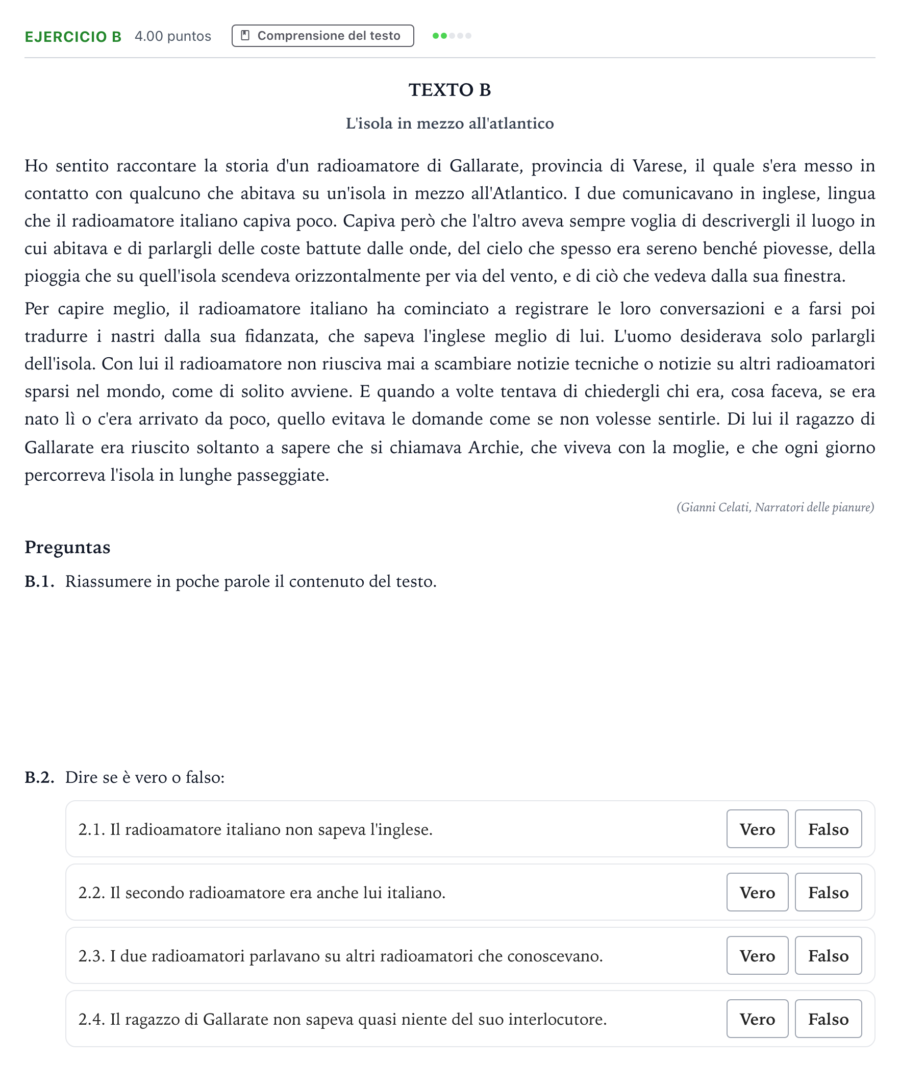 Enunciado: Ejercicio B · Italiano PAU Madrid Extraordinaria Coincidencias 2021