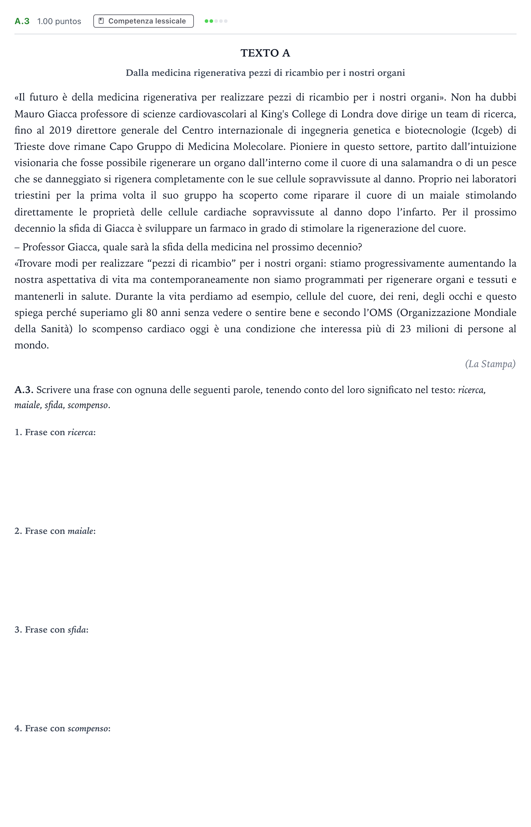 Enunciado: Ejercicio A.3 · Italiano PAU Madrid Modelo 2021