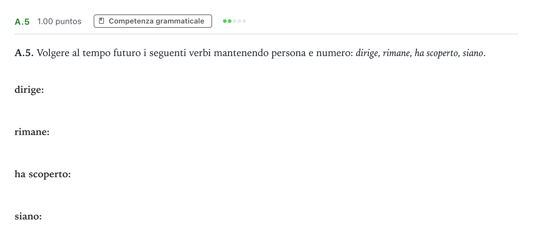Enunciado: Ejercicio A.5 · Italiano PAU Madrid Modelo 2021