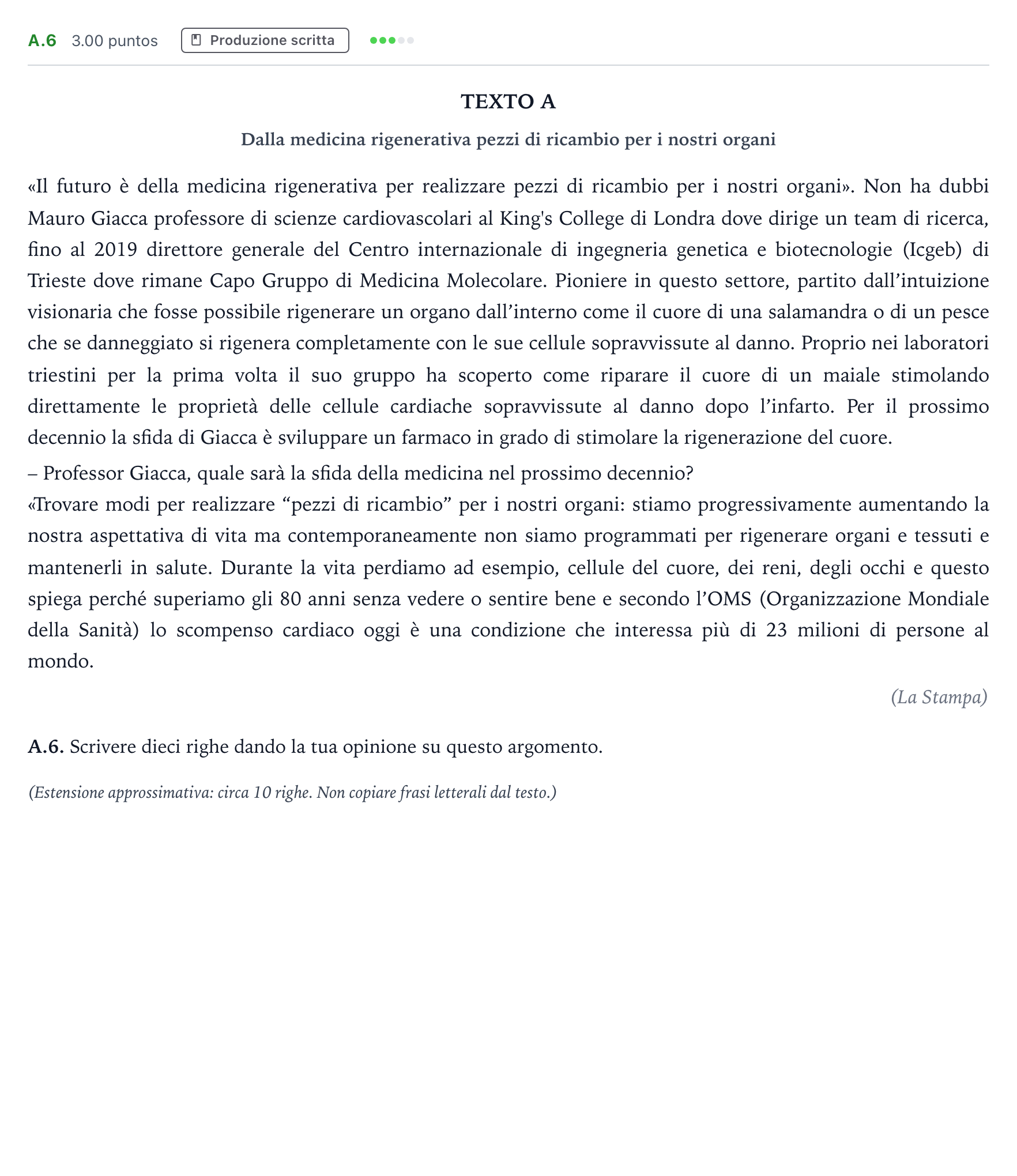 Enunciado: Ejercicio A.6 · Italiano PAU Madrid Modelo 2021