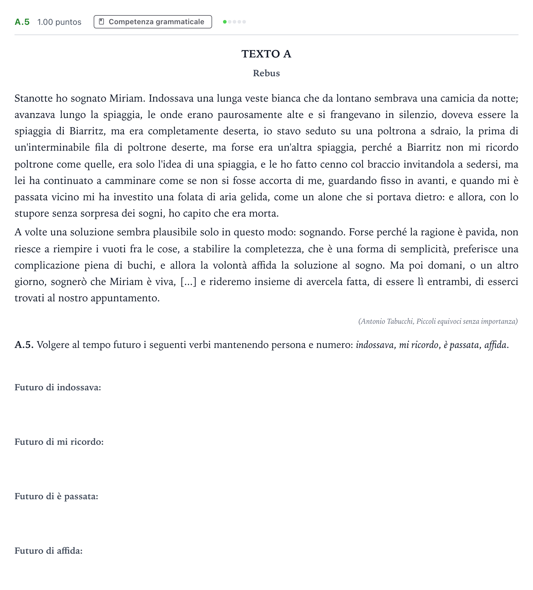 Enunciado: Ejercicio A.5 · Italiano PAU Madrid Ordinaria (2ª lengua) 2021
