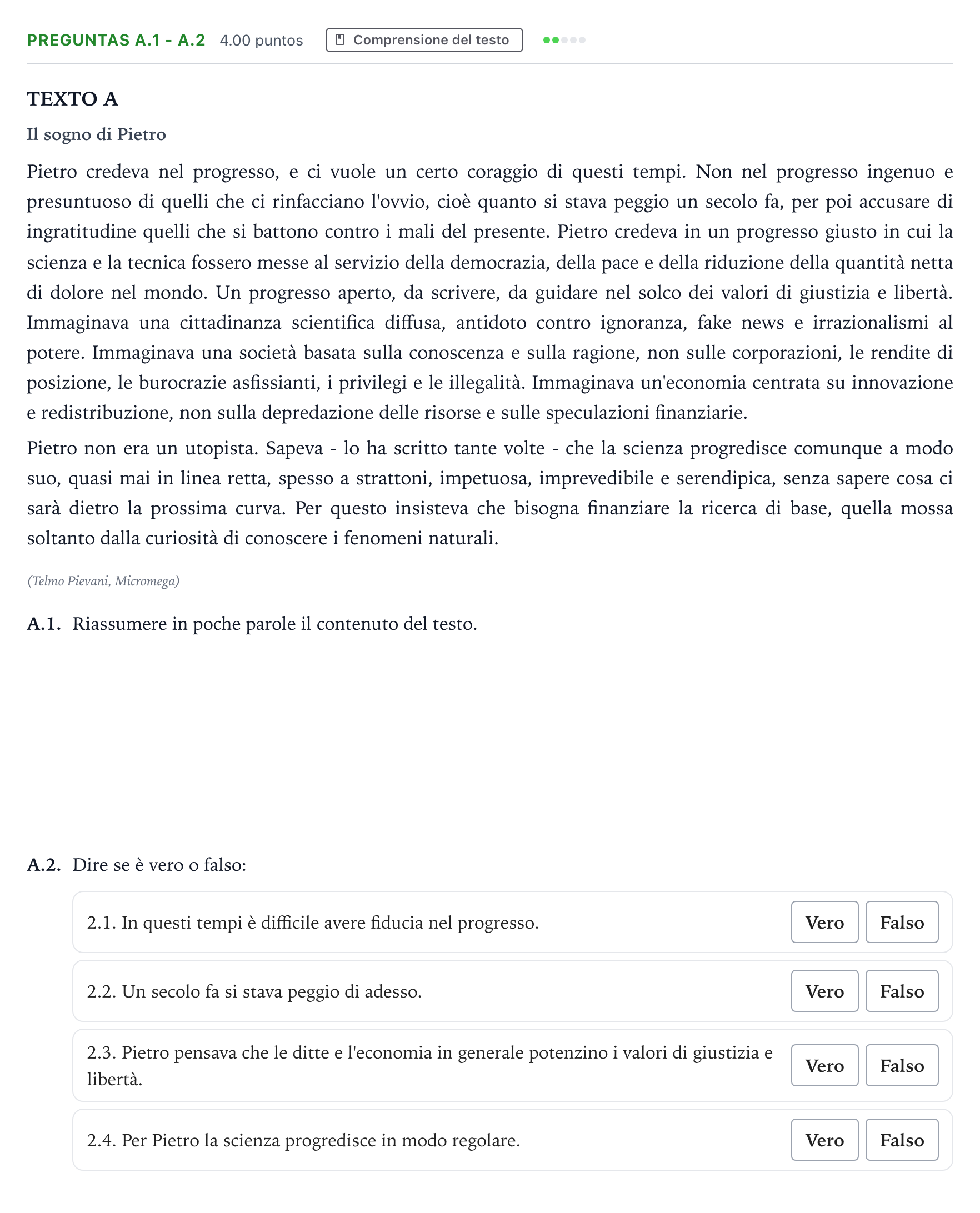 Enunciado: Ejercicio Preguntas A.1 - A.2 · Italiano PAU Madrid Ordinaria Coincidencias 2021