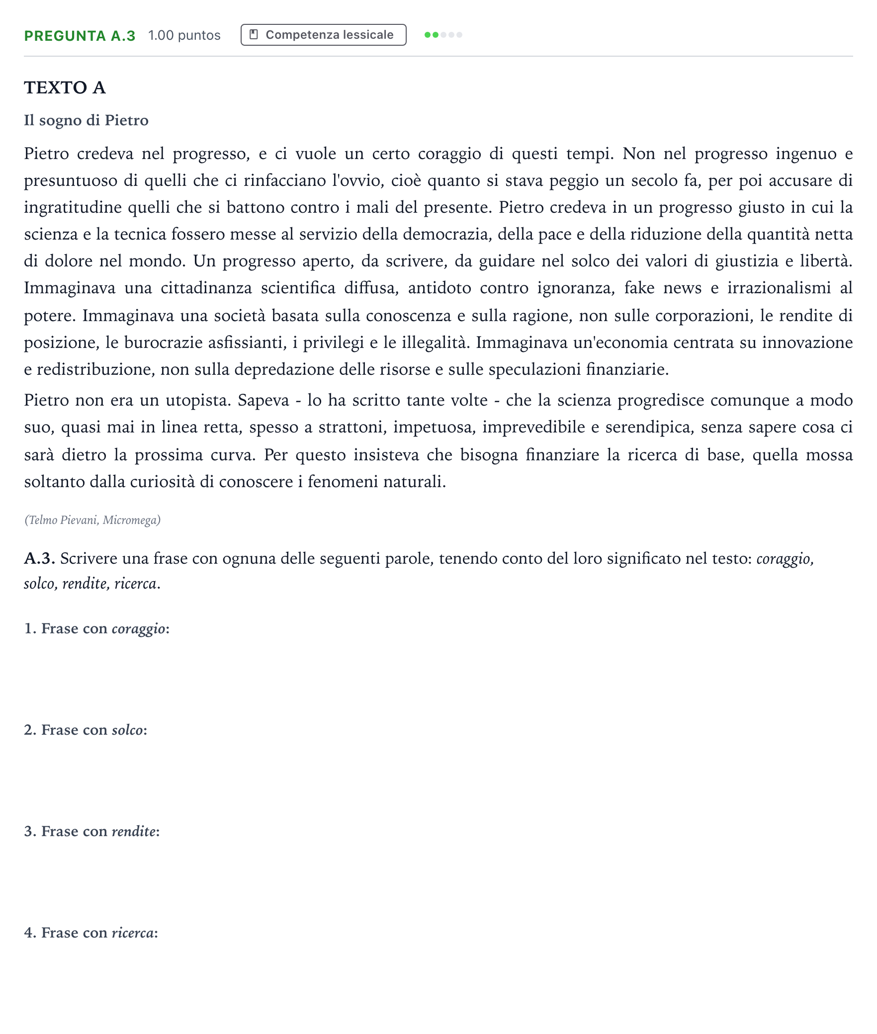 Enunciado: Pregunta A.3 · Italiano PAU Madrid Ordinaria Coincidencias 2021
