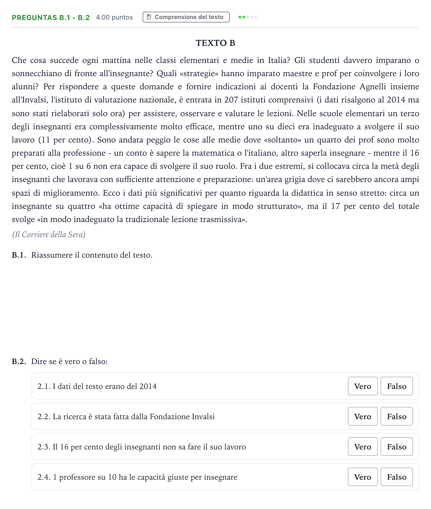 Enunciado: Ejercicio Preguntas B.1 - B.2 · Italiano PAU Madrid Ordinaria Coincidencias 2021