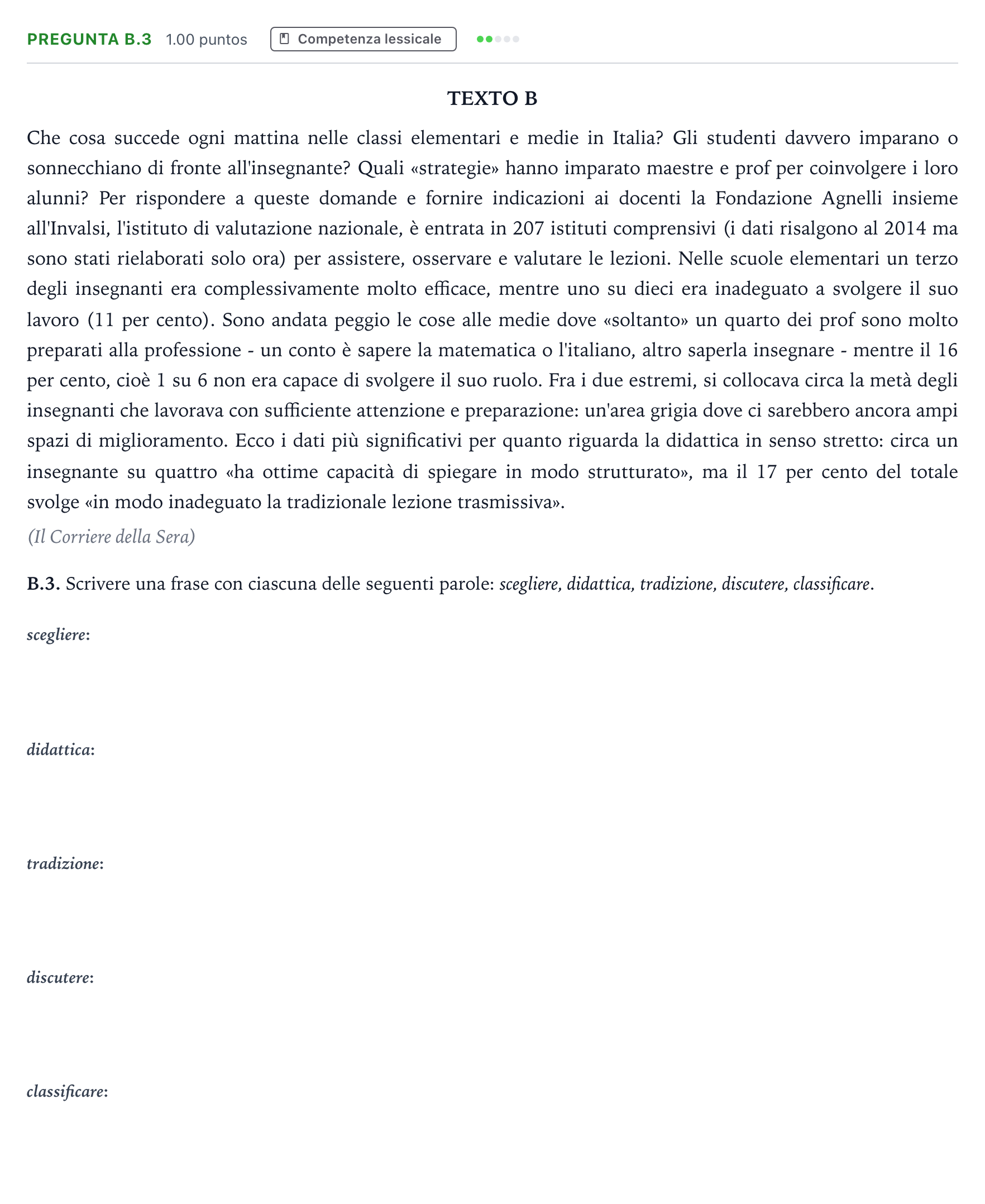 Enunciado: Pregunta B.3 · Italiano PAU Madrid Ordinaria Coincidencias 2021