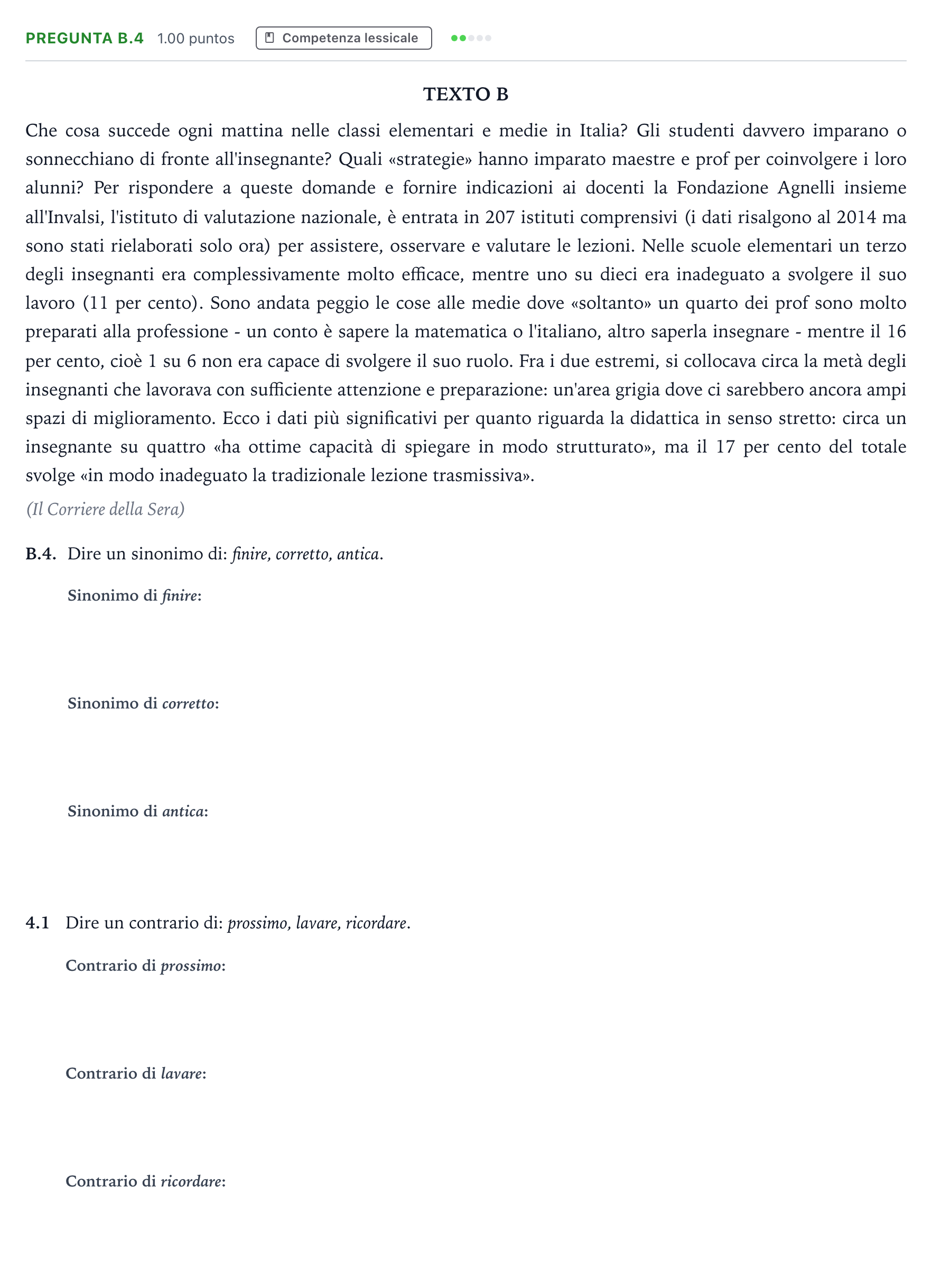 Enunciado: Pregunta B.4 · Italiano PAU Madrid Ordinaria Coincidencias 2021