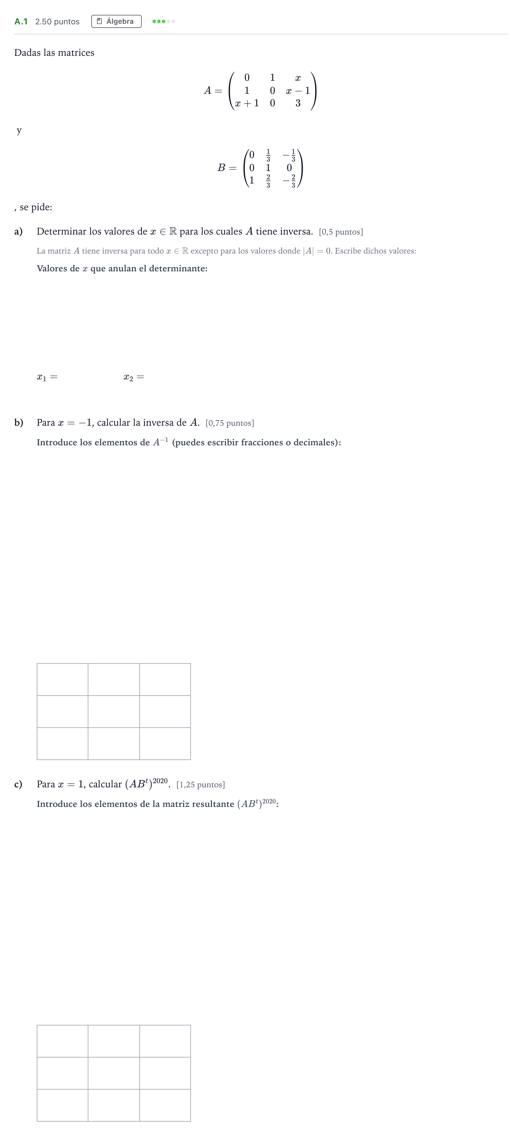 Enunciado: Ejercicio A.1 · Matemáticas II PAU Madrid Modelo 2021