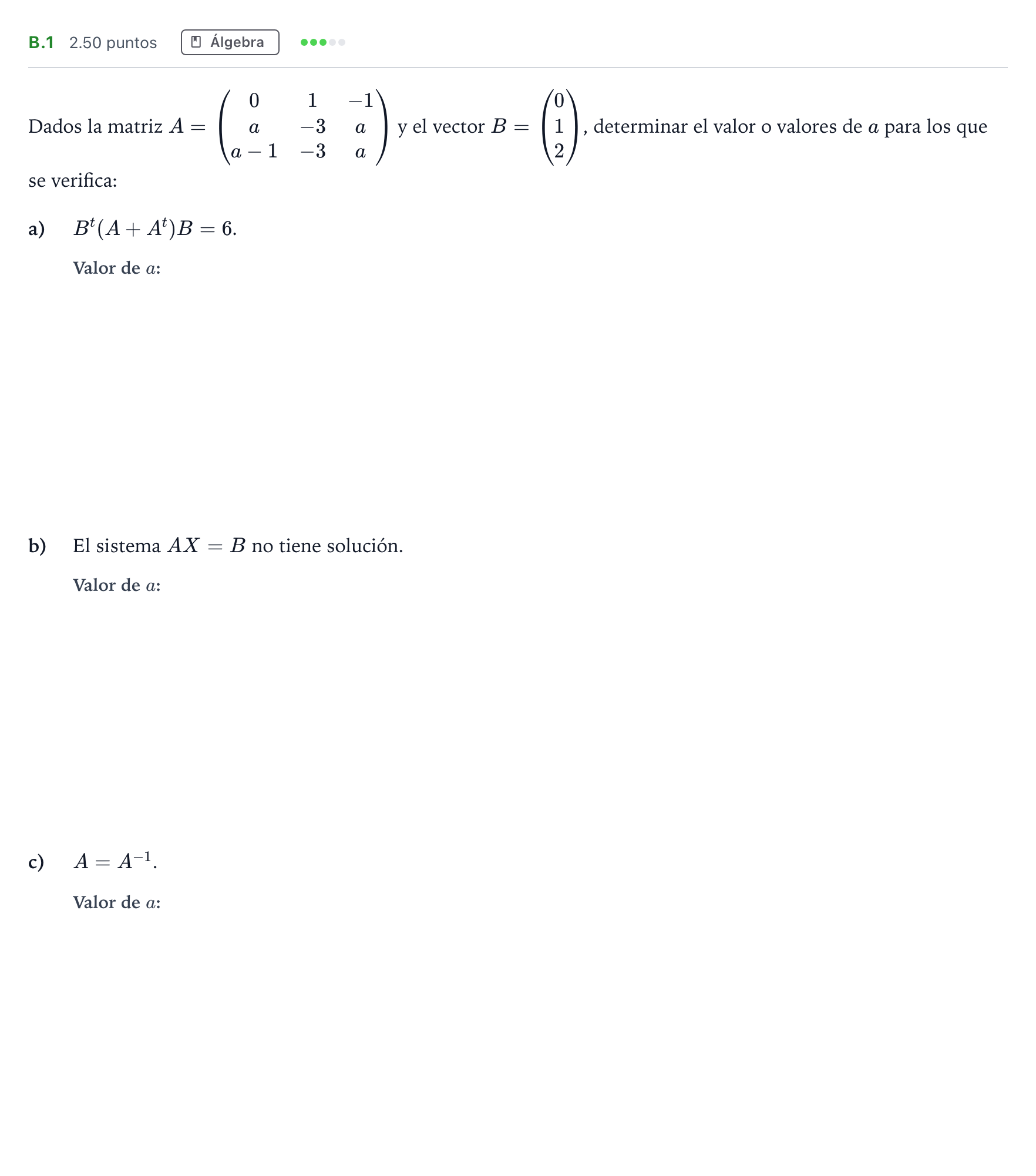 Enunciado: Ejercicio B.1 · Matemáticas II PAU Madrid Modelo 2021