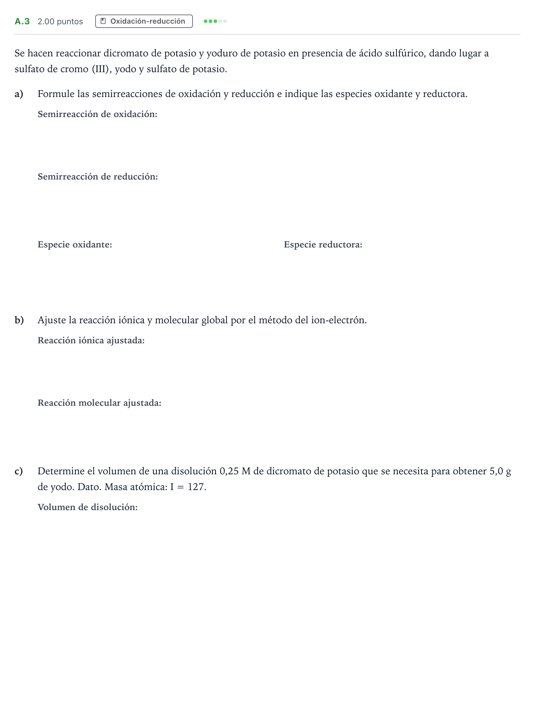 Enunciado: Ejercicio A.3 · Química PAU Madrid Extraordinaria 2021