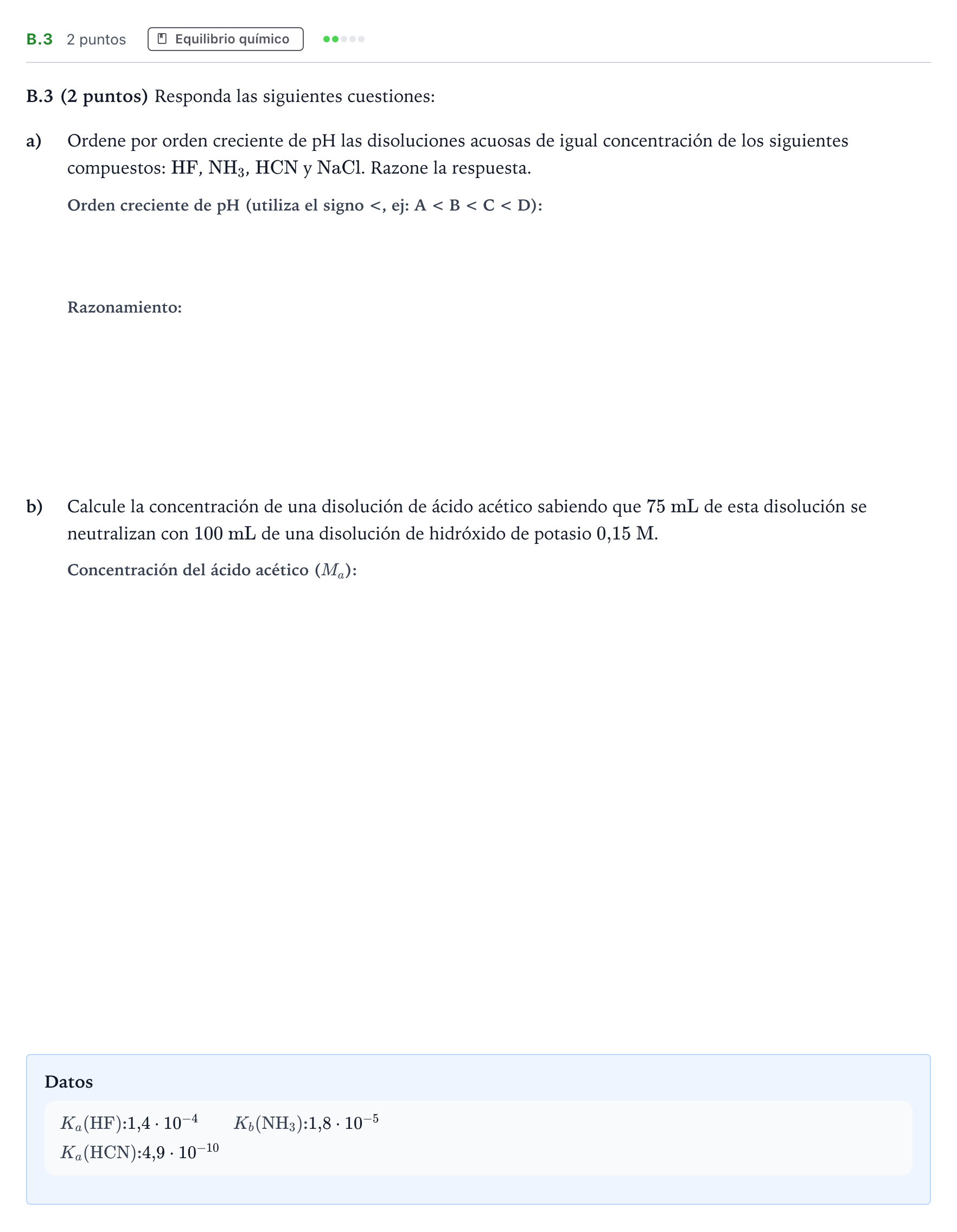 Enunciado: Ejercicio B.3 · Química PAU Madrid Extraordinaria 2021