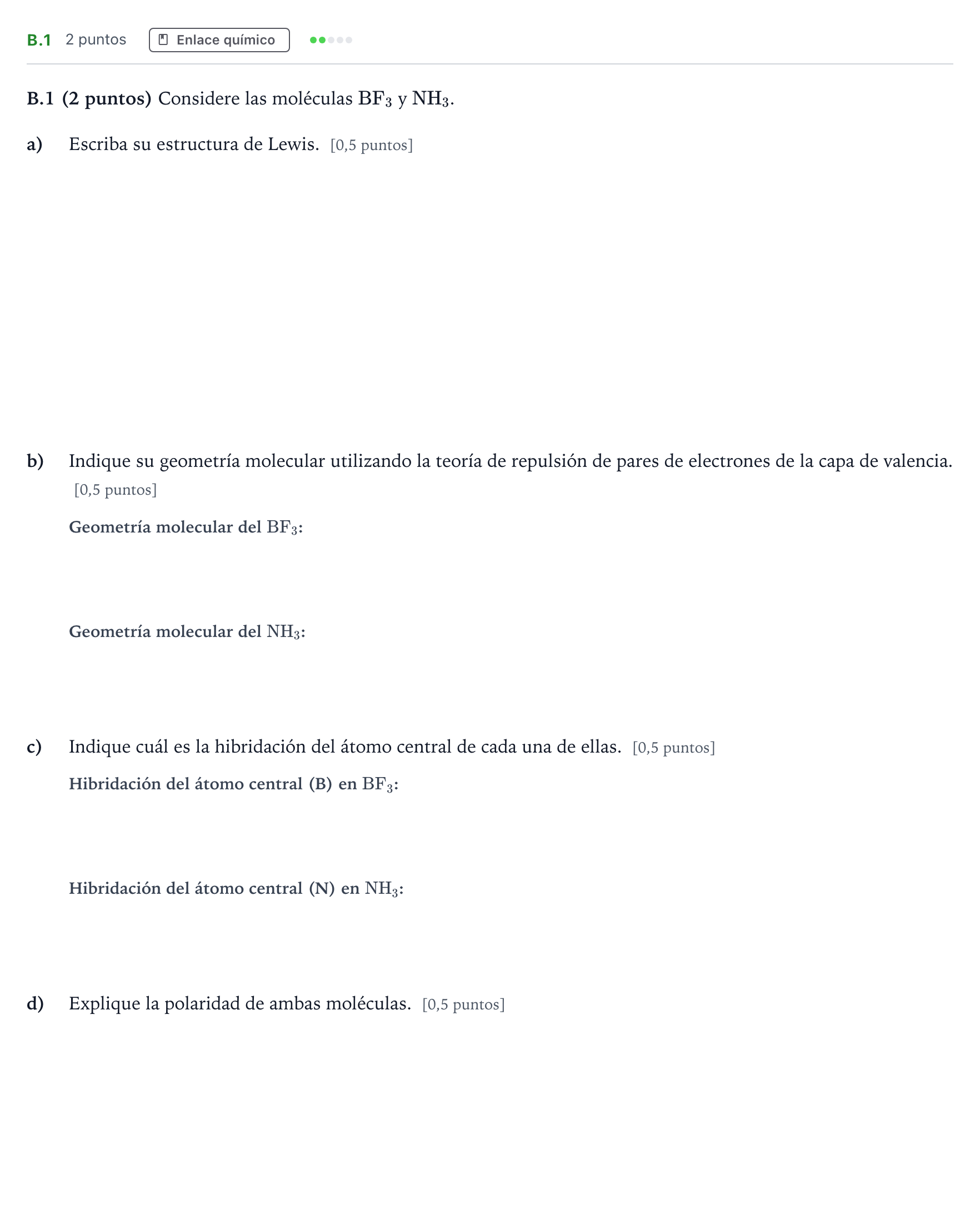 Enunciado: Ejercicio B.1 · Química PAU Madrid Modelo 2021
