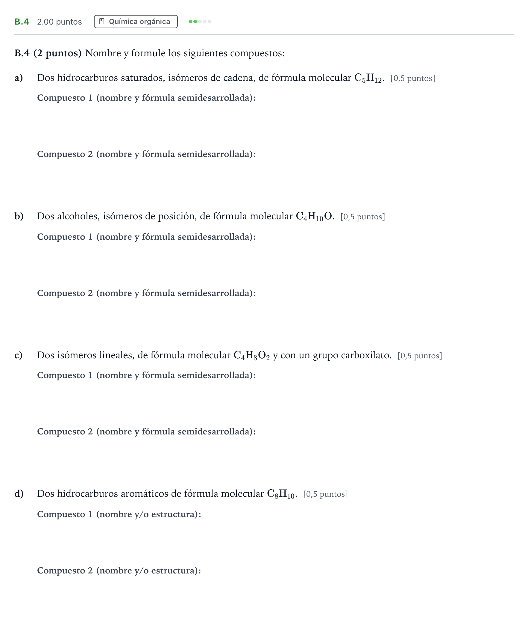 Enunciado: Ejercicio B.4 · Química PAU Madrid Modelo 2021