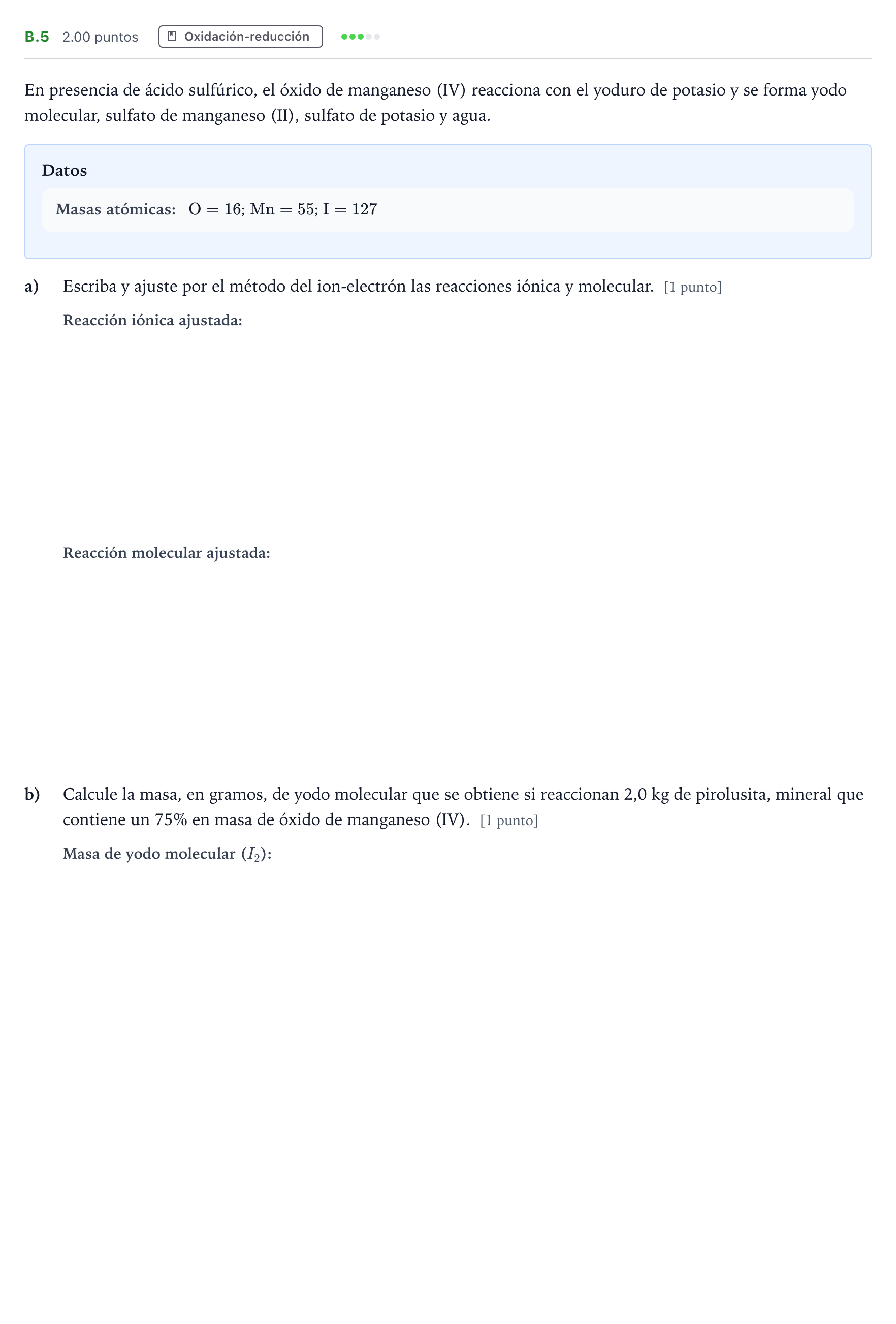 Enunciado: Ejercicio B.5 · Química PAU Madrid Modelo 2021