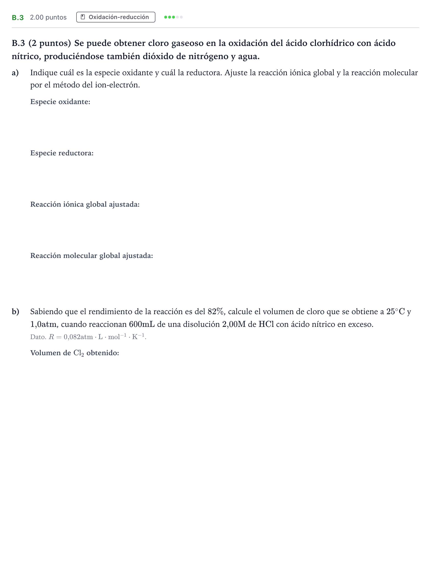 Enunciado: Ejercicio B.3 · Química PAU Madrid Ordinaria 2021