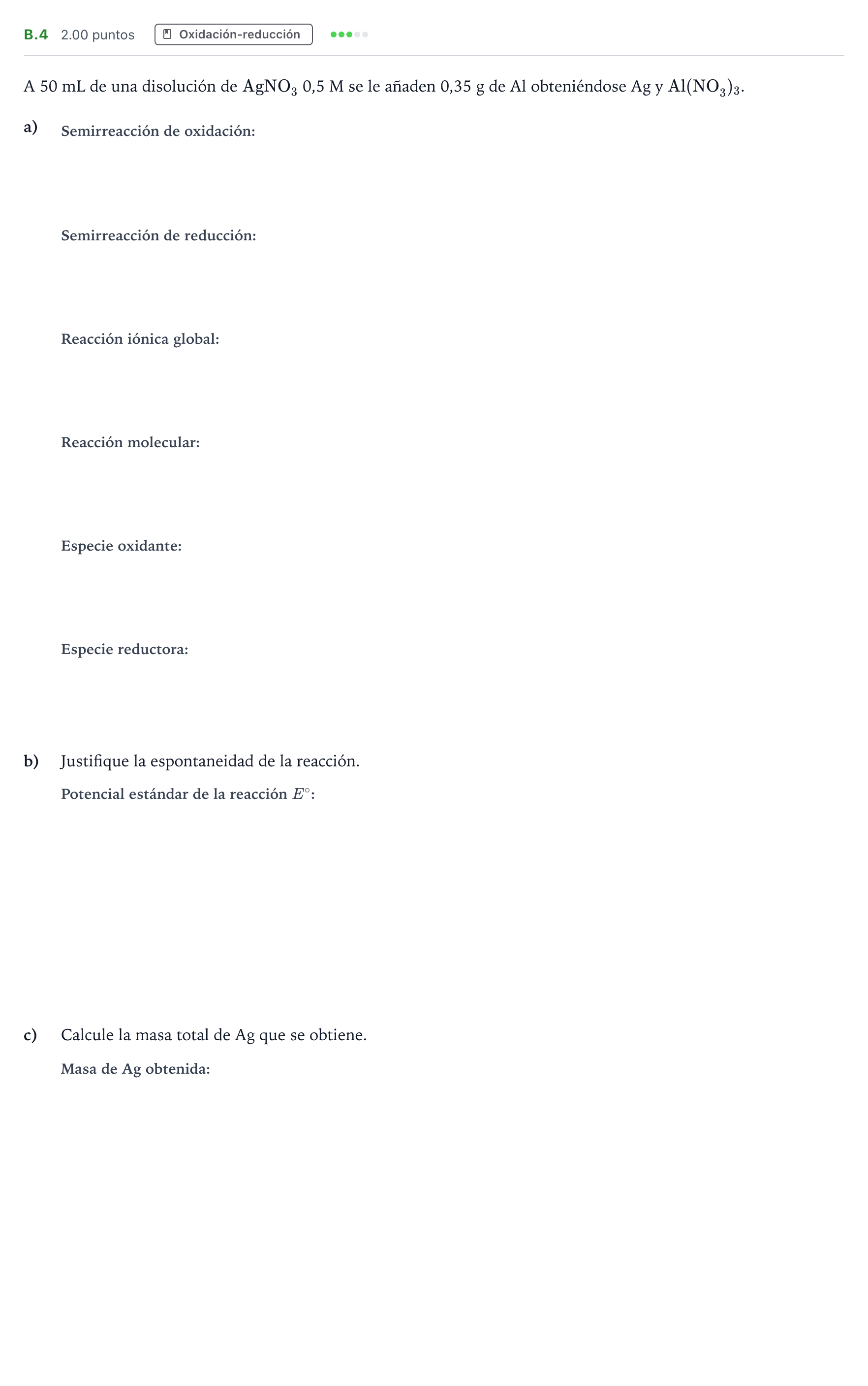 Enunciado: Ejercicio B.4 · Química PAU Madrid Ordinaria Coincidencias 2021