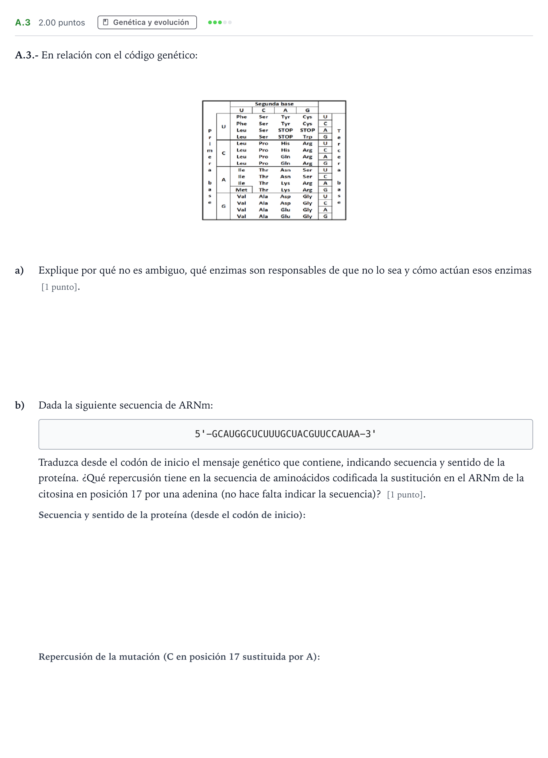Enunciado: Ejercicio A.3 · Biología PAU Madrid Modelo 2022