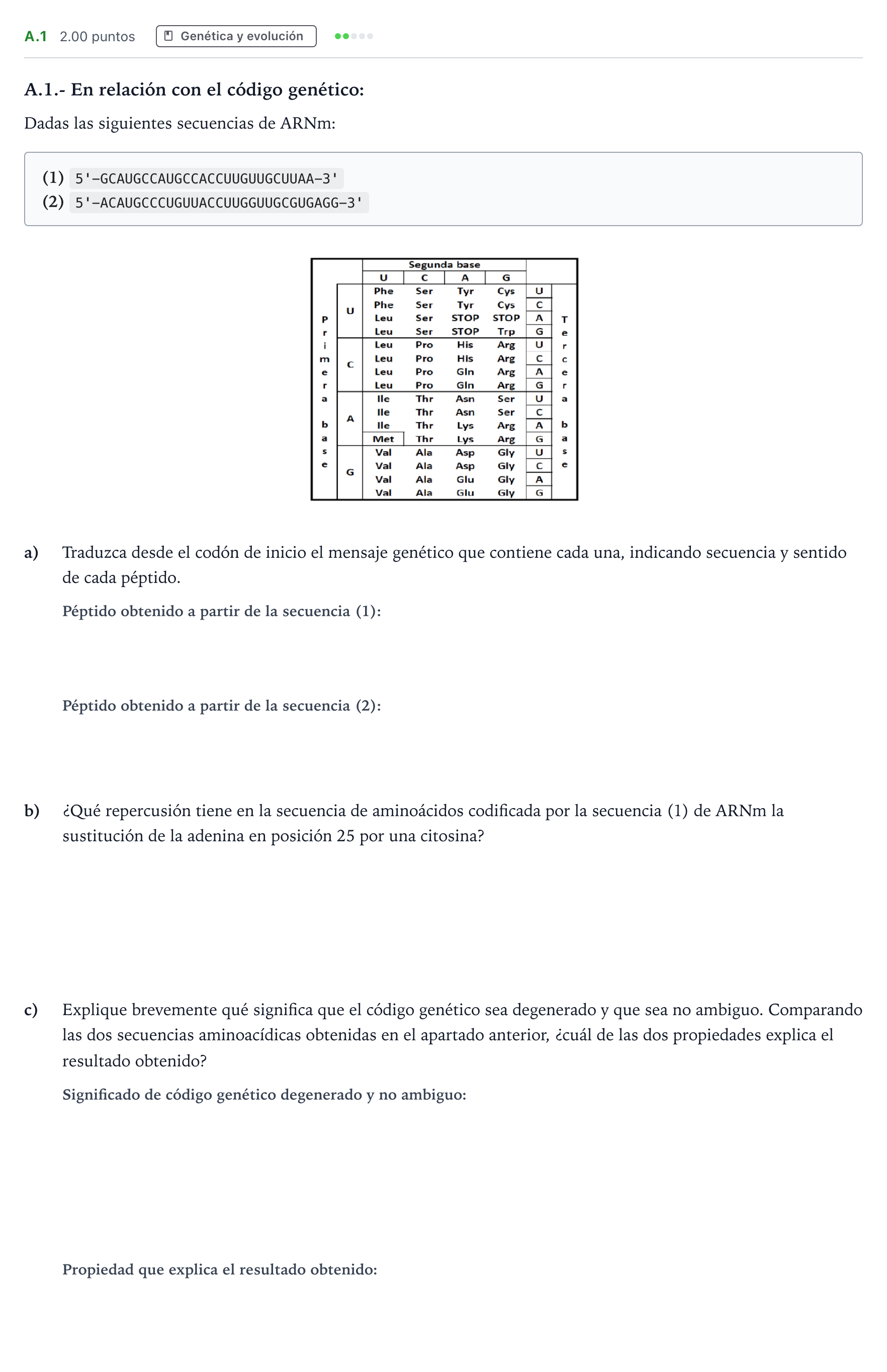 Enunciado: Ejercicio A.1 · Biología PAU Madrid Ordinaria Coincidencias 2022